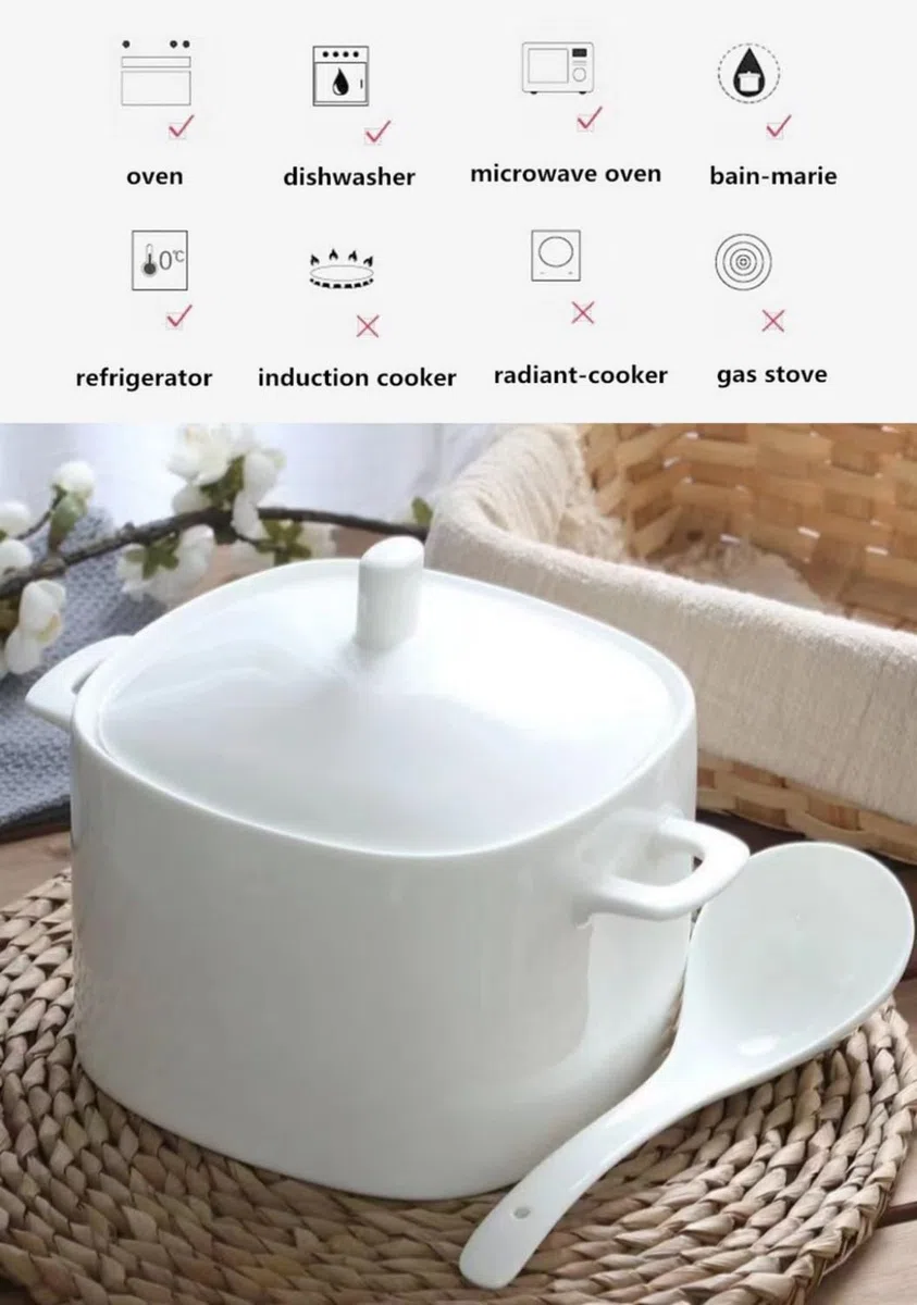 Tureen de sopa de porcelana de hueso con tapa y juego de cucharón, cuenco grande de cerámica de 3000 ml con cubierta para fiestas, comer, decoración del hogar, 3,090.1 g, apto para microondas
