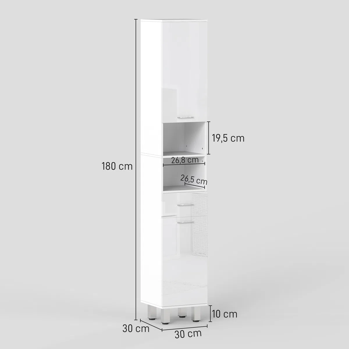kleankin Armario de Baño Alto, Columna Auxiliar de Baño, con 1 Cajón, 3 Estantes Ajustable, 2 Armarios, para Salón, Dormitorio, 30x30x180 cm, Blanco Brillante