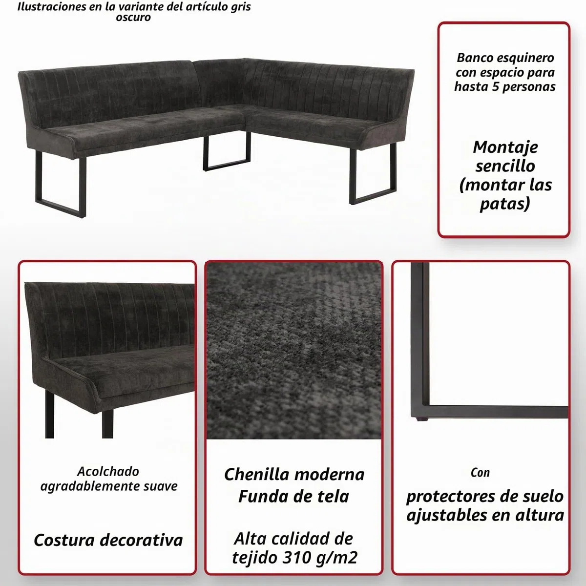 Banco de esquina HWC-O82, banco de comedor, Öko-Tex (310 g/m²), tela de chenilla, textil y metal, 210 x 159 cm, color verde