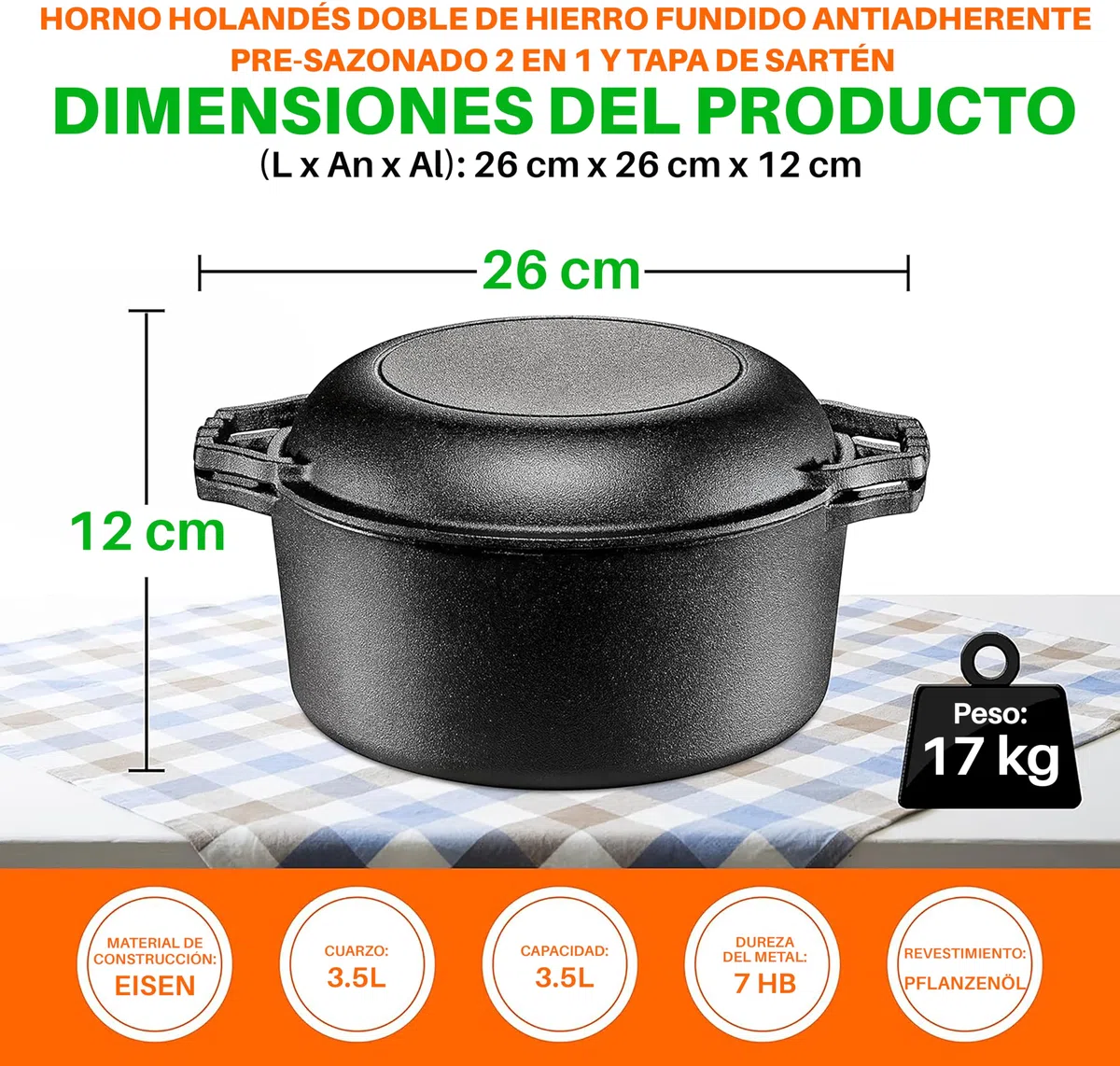 NutriChef Multi Cooker de Hierro Fundido, Horno Holandés Doble Antiadherente, Olla para Asar, Cazuela
