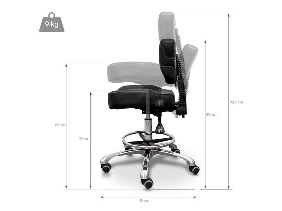 QUIRUMED Taburete hidráulico con Respaldo, Asiento reclinable y reposapiés, Color Negro, tapizado en Polipiel, Acero Cromado, Antideslizante, Ergonómico