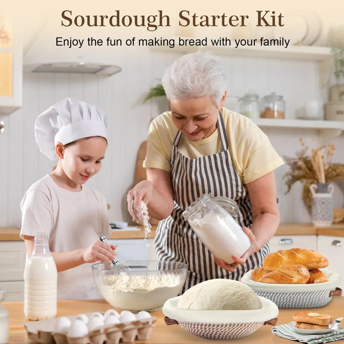 Cesta para levar pan, cesta de fermentación, kit de inicio para pan de masa madre, banneton, regalos para hornear para panaderos, mujeres, esposas, mamás y amigas