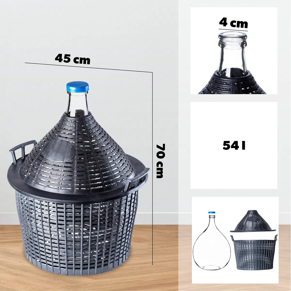 KADAX - Globo de Cristal con Cesta de plástico, tapón de Goma, Abertura Estrecha, Botella de Vino, Botella de Cristal, gallón, Recipiente de fermentación, Cristal y plástico, Gris, 54L