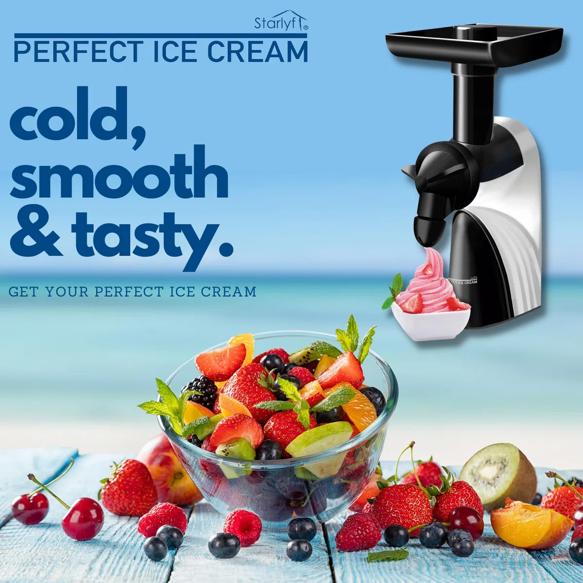 Máquina de Helados STARLYF PERFECT ICE CREAM, Máquina para hacer helados con Fruta, máquina de helados y sorbetes, muy fácil de Usar, 100% Natural, Gluten Free, Ideal Batidos