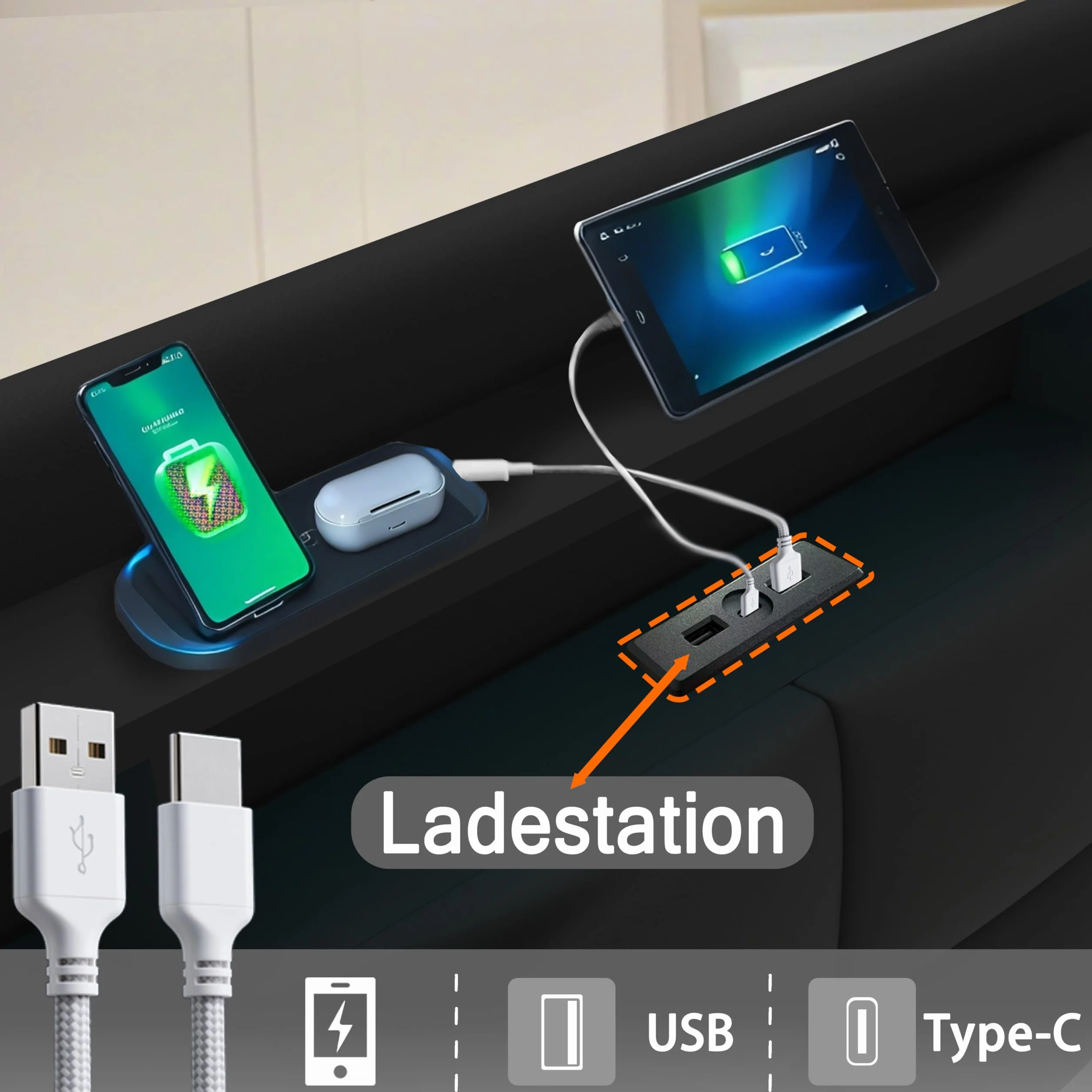 Cama de Almacenamiento Todo en Uno 140x200 cm con Luces LED, Estación de Carga USB/Type-C, Estantería para Cabecera y Gran Almacenamiento bajo la Cama, Cuero, Negro