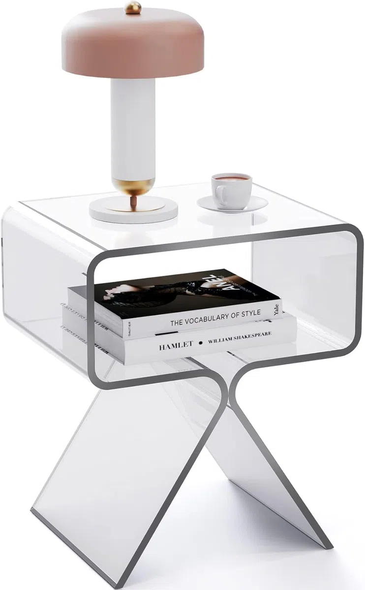Mesa Auxiliar de Acrílico, Mesita de Noche, pequeña Transparente para Sala de Estar, Dormitorio (Claro)