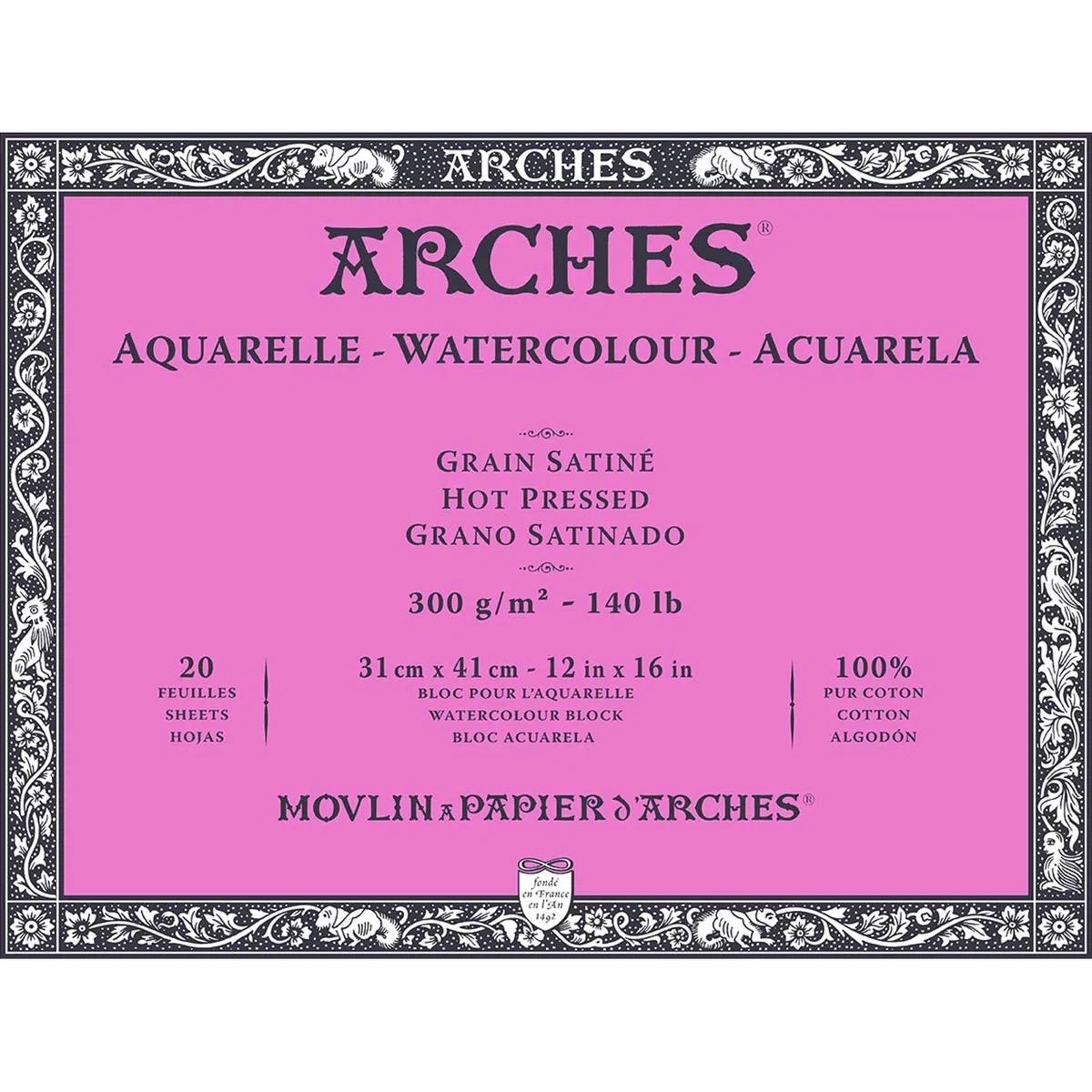 Arches Aquarelle 100% Satin 300g Bloc Encolado 4L 31x41 20 hojas Blanco Natural