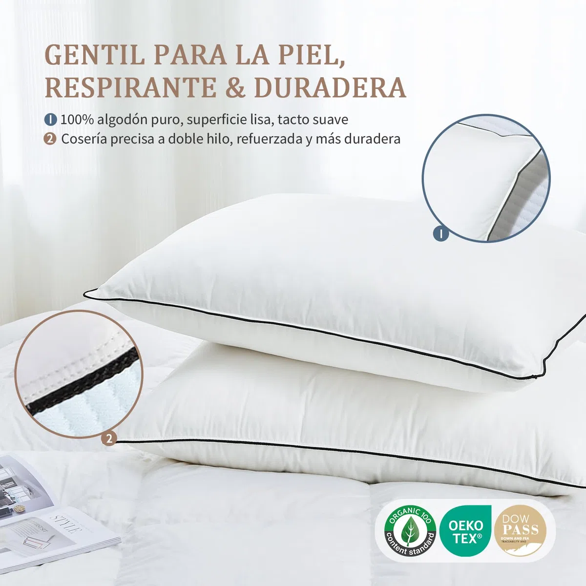 DWR Almohada de Plumón 50x75 cm (2 Unidades) | 3 Cámaras | 90% Plumón de Ganso Blanco Exterior | Mezcla de Plumas Interior | 100% Algodón Orgánico | Soporte Medio | RDS y Oeko-Tex