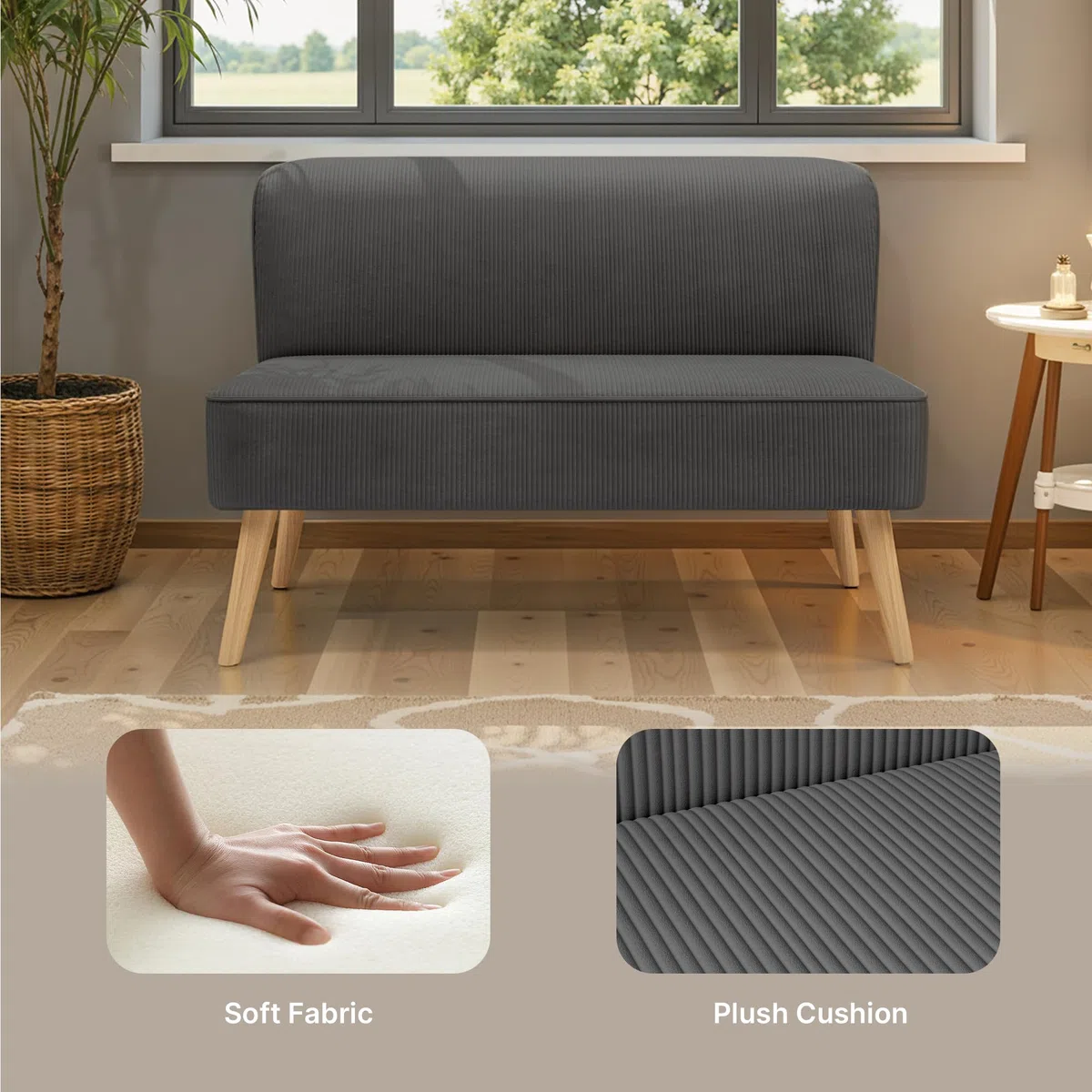 Sofá de 2 Plazas, Pequeño Loveseat con Tapizado de Aspecto Terciopelo Acanalado, Sofá Compacto Que Ahorra Espacio para Dormitorio, Salón, Apartamento, 117x56x76cm, Gris