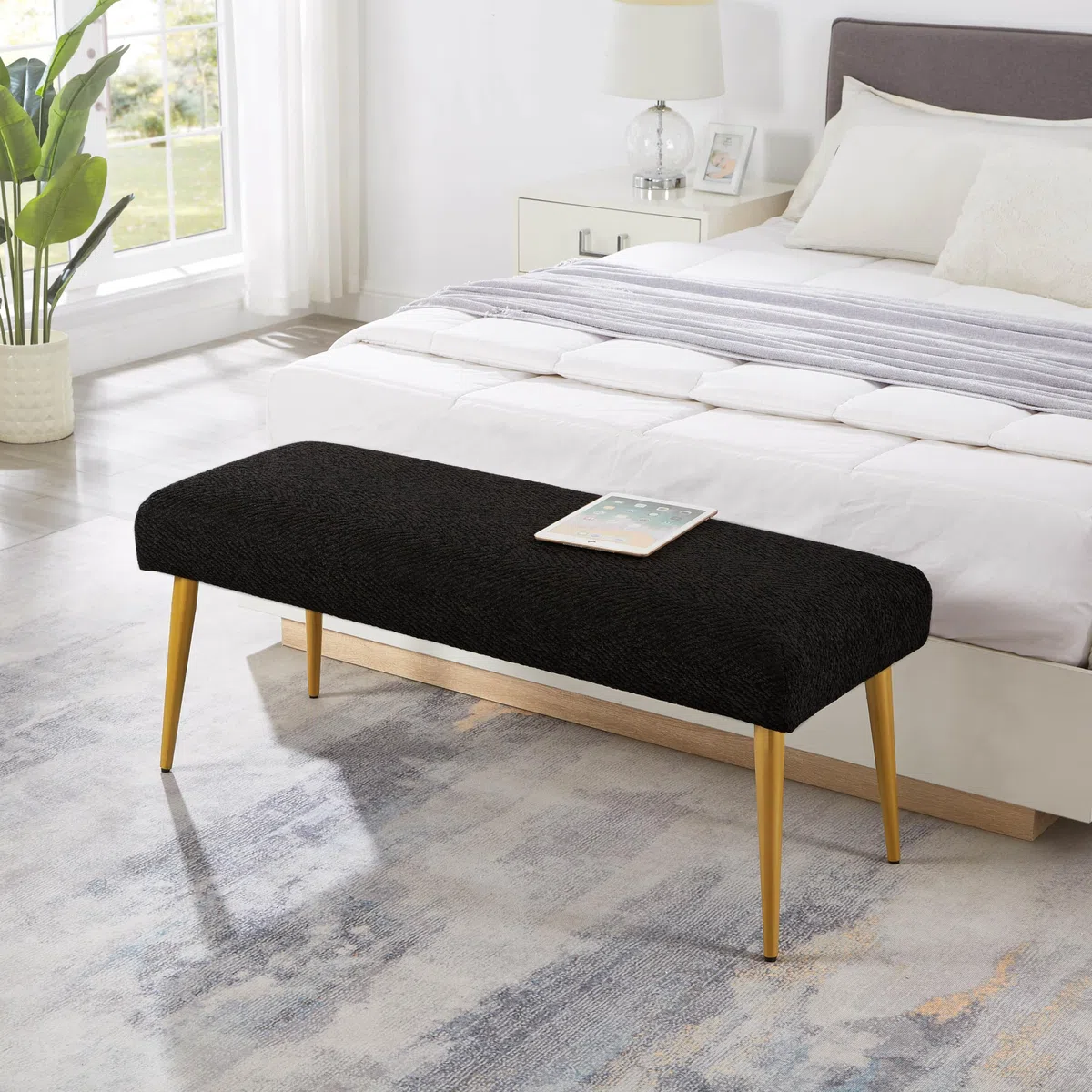 Ball & Cast Banco tapizado para la Entrada, Banco para el Final de la Cama, Banco-Taburete Negro para el Dormitorio con Asiento Acolchado y Patas de Metal, Negro