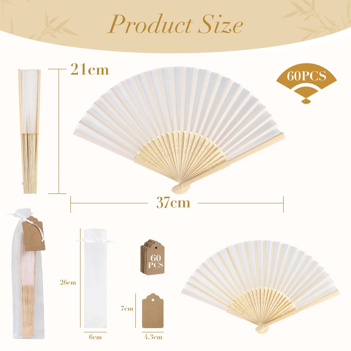 SWAWIS 60 Piezas Abanicos de Tela Blanco, Abanico Plegable con 60 Bolsas de Organza y Tarjetas de Agradecimiento, Ventiladores de Bambú para Bodas Bautizos Decoraciones Fiestas DIY