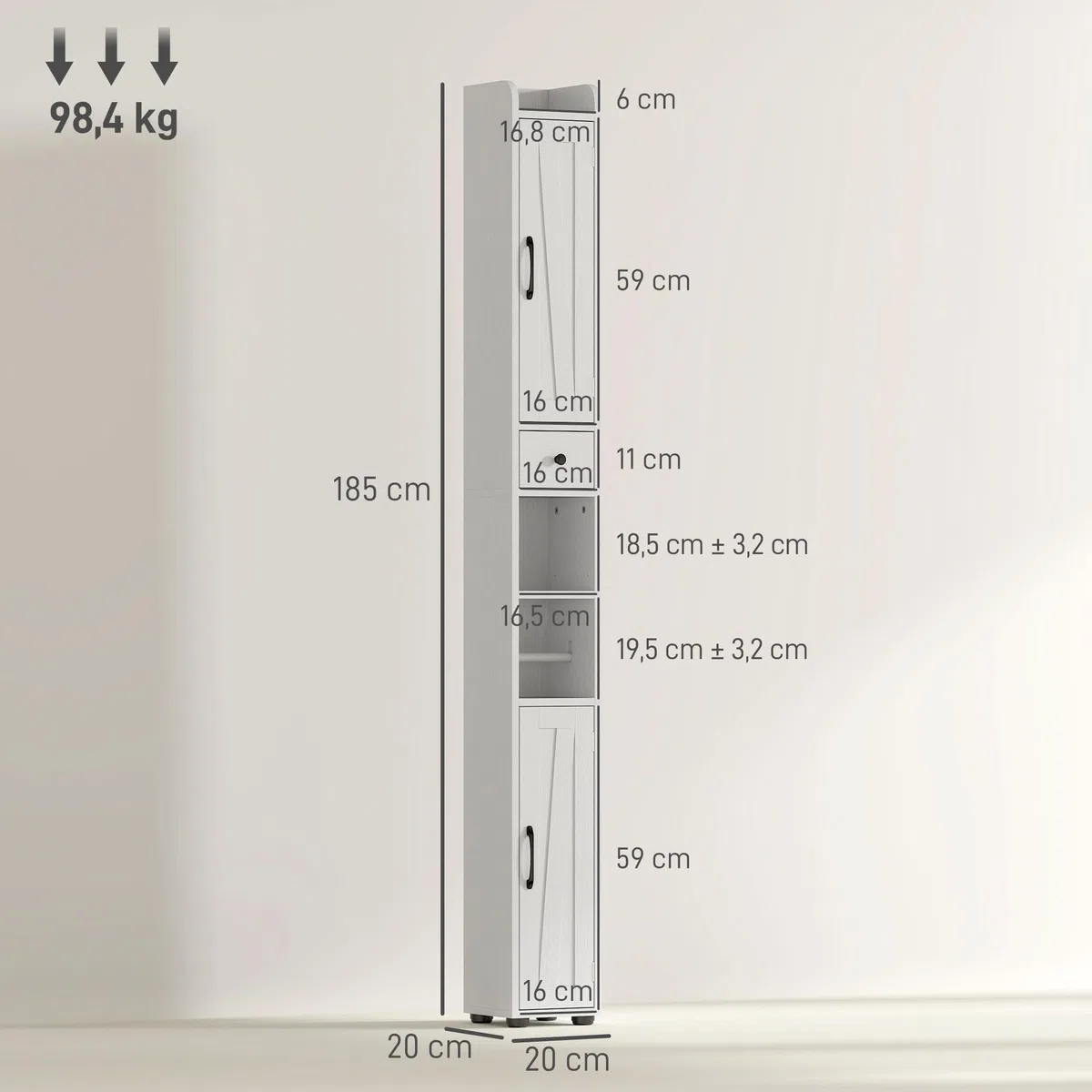 HOMCOM Columna de Baño Estrecha con 2 Puertas Armario Alto de Baño Rústico con Cajón Compartimento Abierto Estantes Ajustables y Portarrollos 20x20x185 cm Blanco