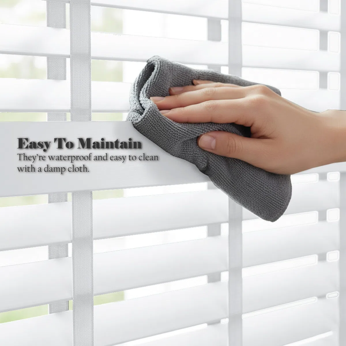 Home In Style 4U Persianas venecianas de madera sintética para ventana, persianas venecianas de fácil ajuste, seguras para niños, cortables, listones de 50 mm con riel de aluminio (blanco con cinta