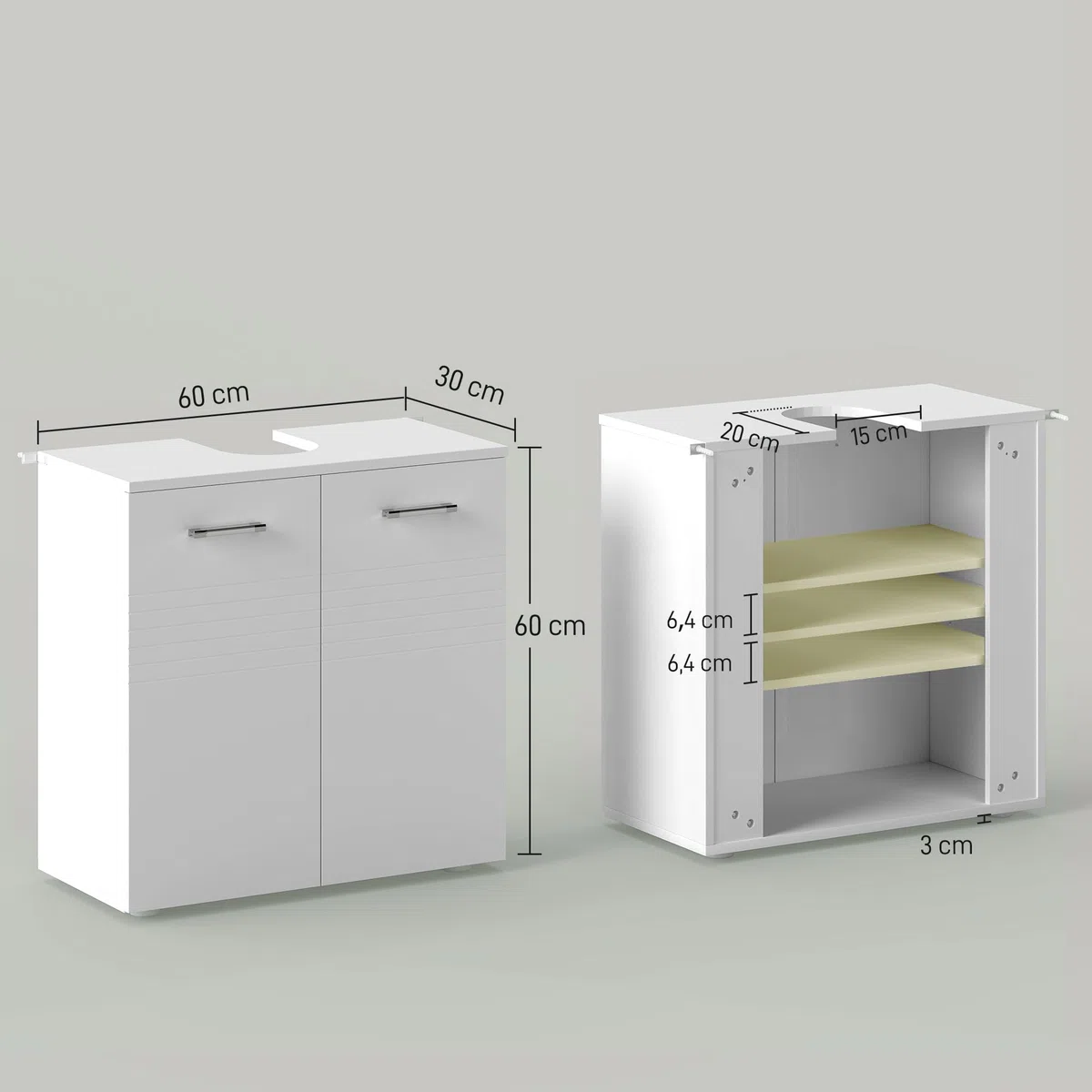kleankin Mueble para Debajo del Lavabo Armario de Baño de Pared con 2 Puertas y Estante Interior Ajustable Estilo Moderno 60x30x62,5 cm Blanco
