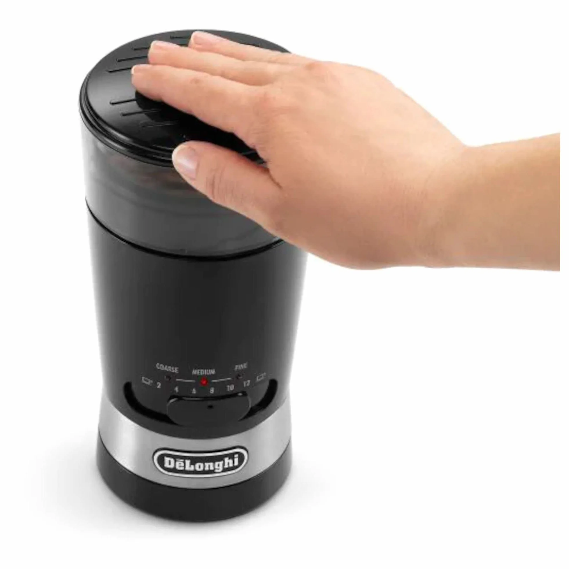 De'Longhi KG210 Molinillo de Café, Capacidad 90 Gramos, Cuchillas de Acero Inóxidable, Capacidad de Tazas Ajustable, Nivel de Molienda Ajustable, Uso Sencillo, 170 W, Color Negro