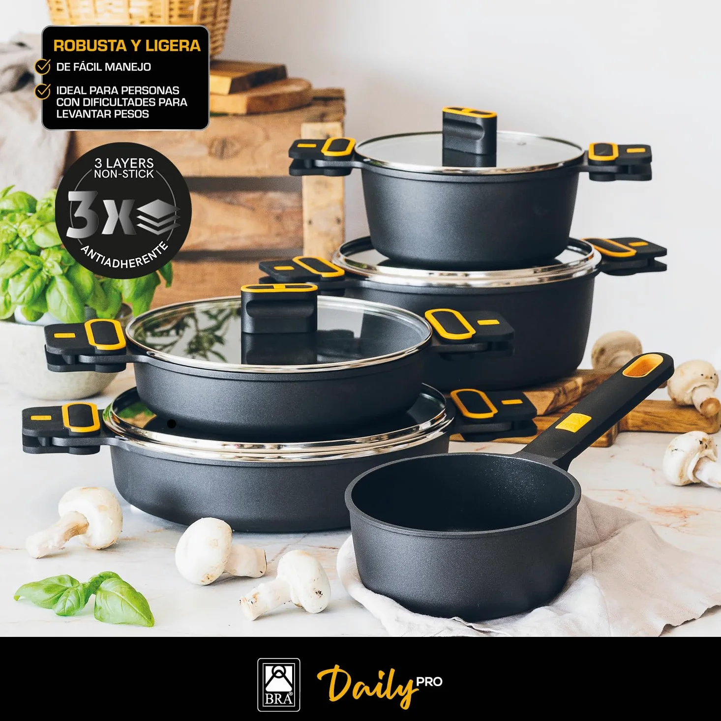 BRA Daily Pro | Cacerola alta 32 cm aluminio fundido, antiadherente sin PFOA, apta para todo tipo de cocinas e inducción