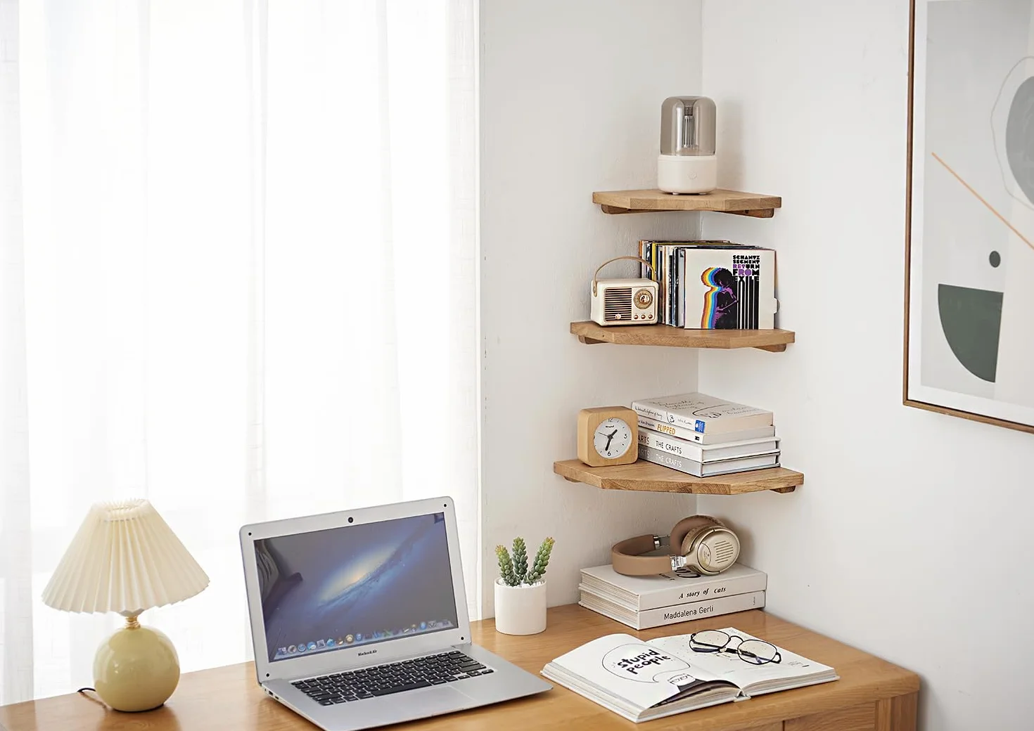 Flotantes Baldas para Esquina Madera Maciza, Estantería Esquina con Orificio de Alambre para Cables, Baldas para Esquina de Roble Pared para Baño, Cocina, Dormitorio, Salón (30 cm)