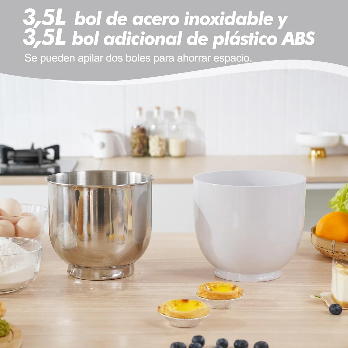 Kitchen in the box Batidora Amasadora, Pequeña Amasadora de Pan con 2 Boles de 3,5 L, 10 Velocidades, Robot de Cocina Ligero con Batidor, Gancho Amasador y Batidora Mezcladora (Blanco Glaciar)