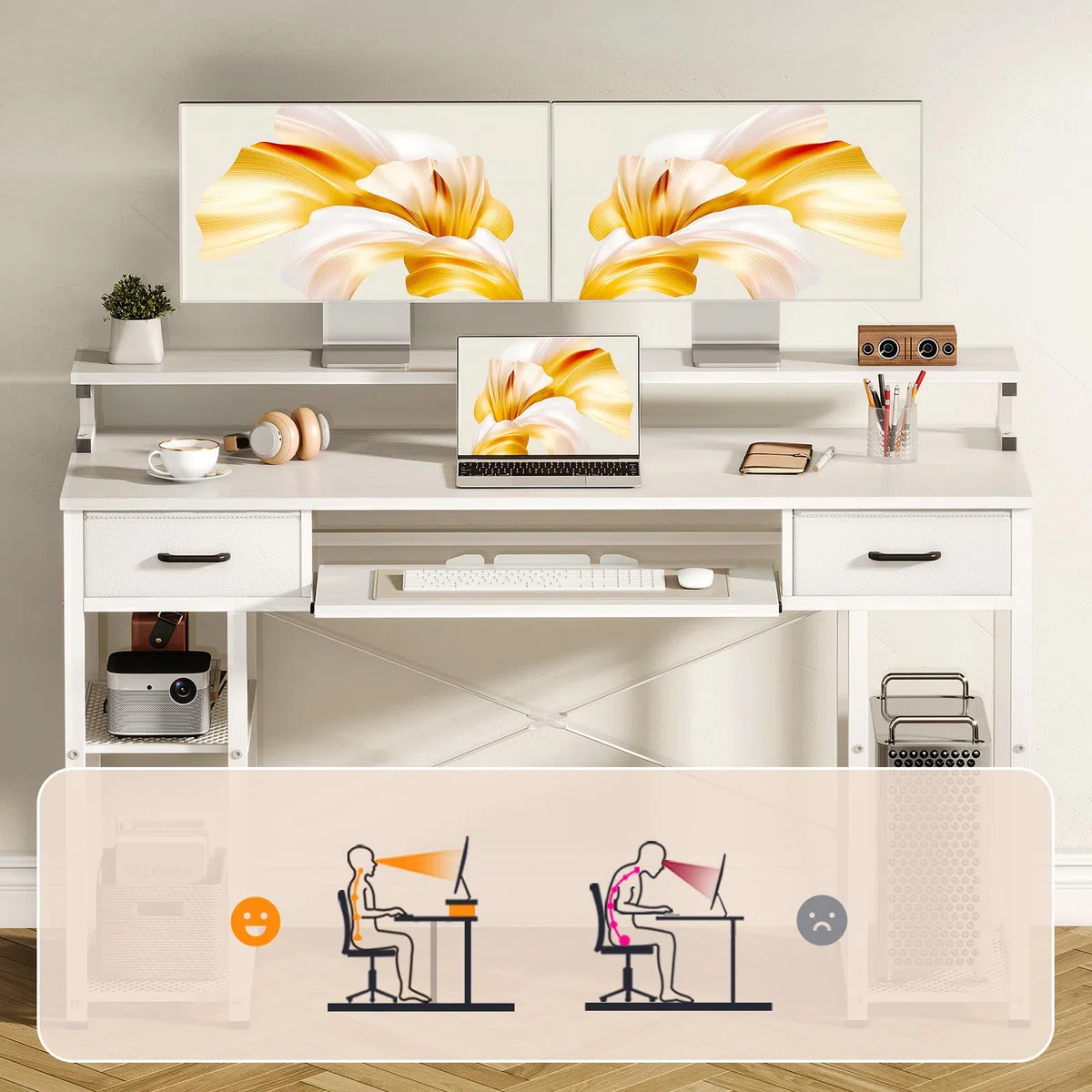 ODK Escritorio de Ordenador, 120x48cm Escritorio con 2 Cajones y Bandeja para Teclado, Escritorio de Oficina con Soporte para Monitor, Mesa de Escritorio con Estante Reversible para Oficina, Blanco
