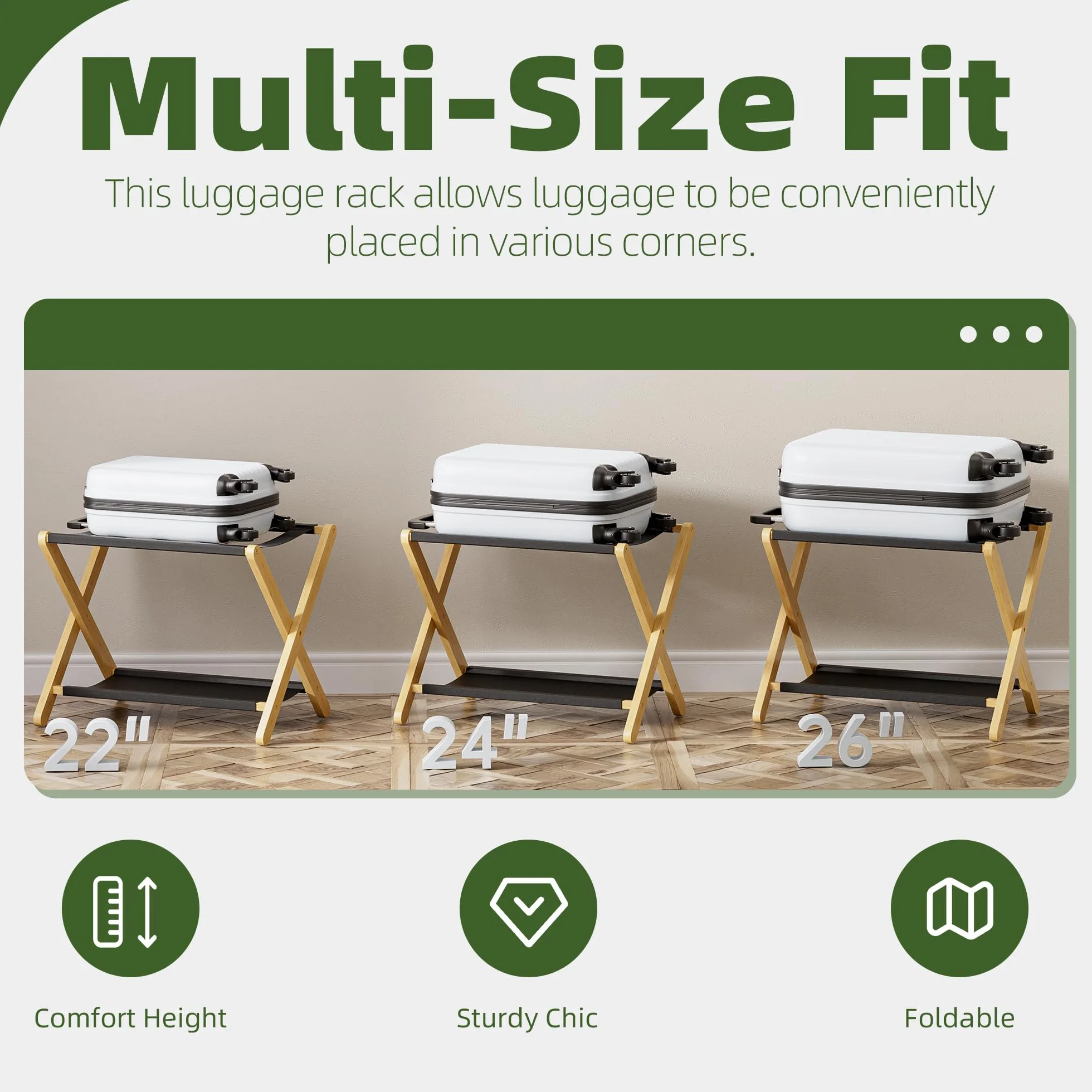Portaequipaje, Soporte plegable para maletas con estante de almacenamiento, Portaequipaje de bambú premium para habitación de invitados, dormitorio, hotel, Soporta hasta 61 kg (Natural)
