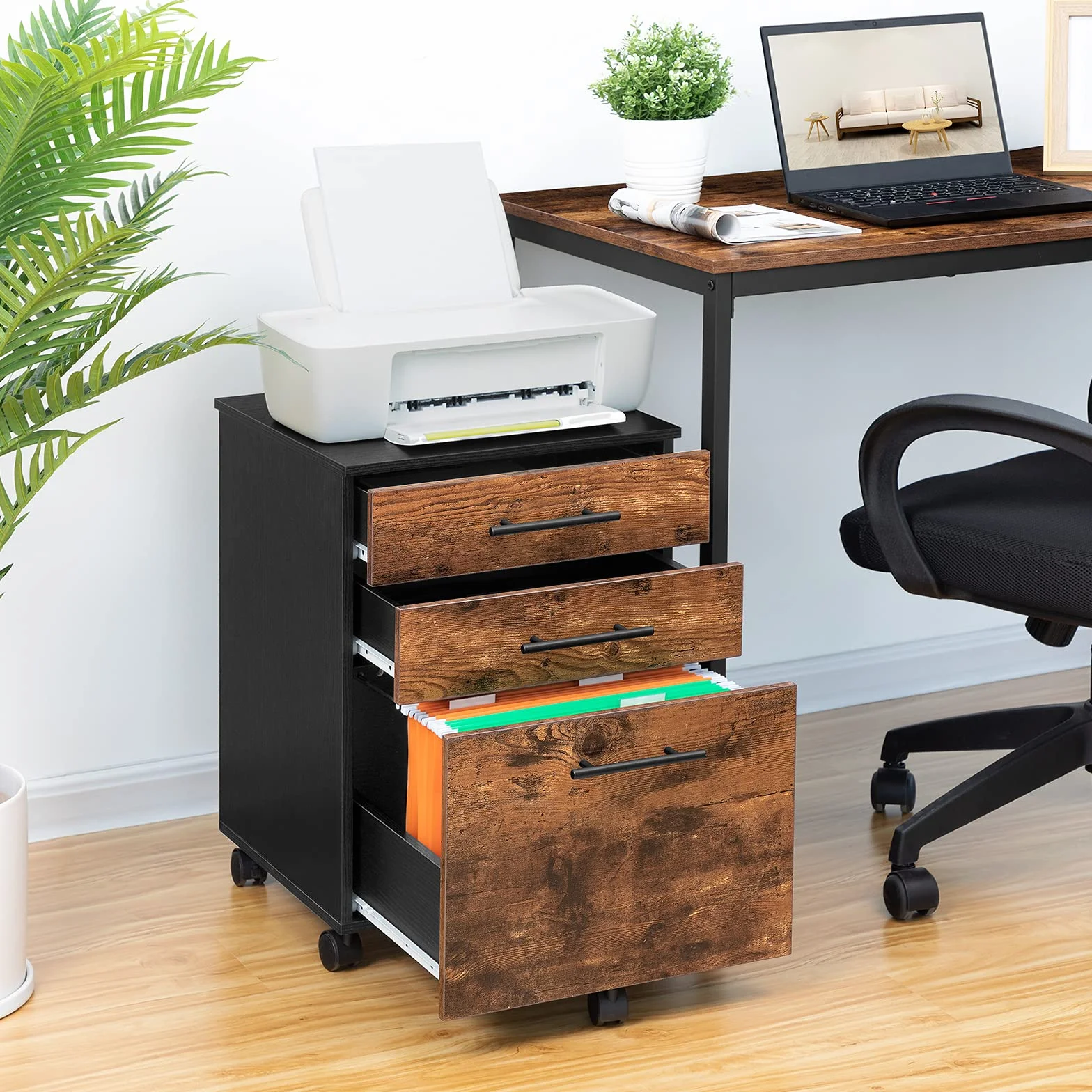 HOOBRO Mueble Archivador, Armario Móvil para Oficina con 3 Cajones y Archivador Colgante, 40 x 40 x 57,5 cm, Diseño Industrial, Marrón Rústico EBF02WJ01G1