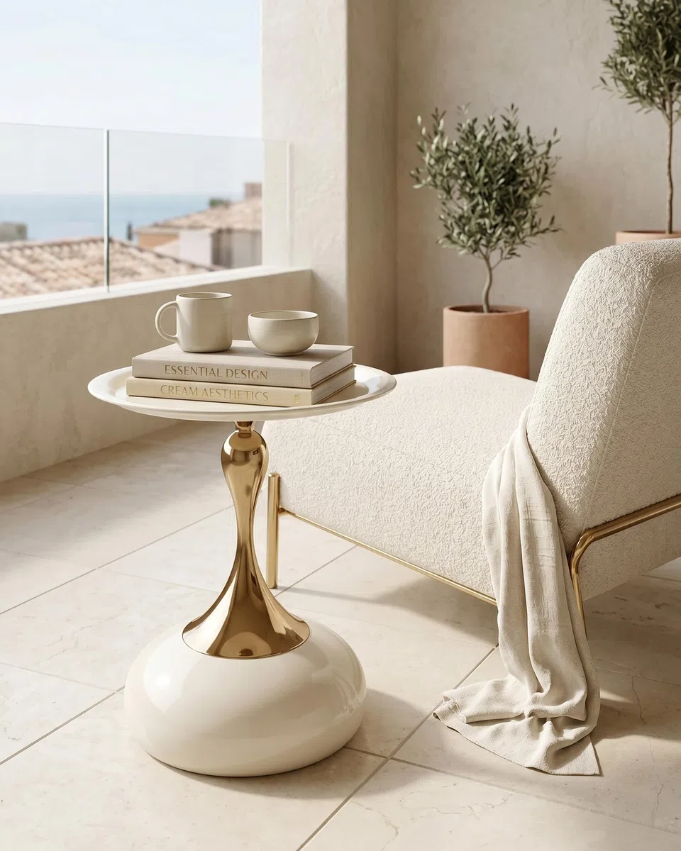 Mesa Auxiliar Sofa Beige y Dorada para Salón, Mesita de Centro de Diseño en Metal, Set de 2 Mesita Auxiliar Pequeños para Sofá o Dormitorio, Side Table de Jardín Exterior, 40x53cm