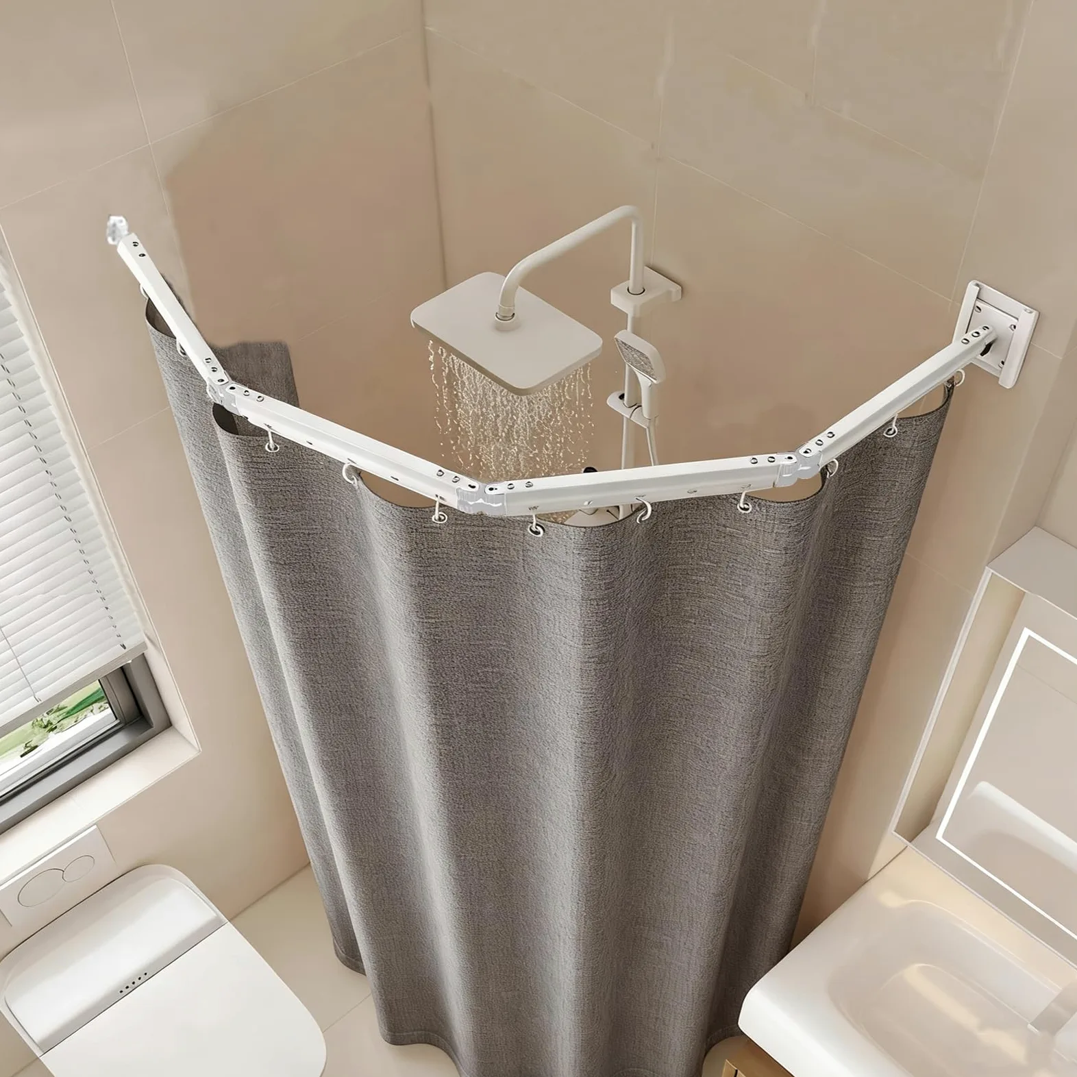 Barra de cortina de ducha plegable sin necesidad de taladrar, plegable en 4 posiciones y giratoria, aleación de aluminio, con 180 x 200 cm, cortina de ducha impermeable antimoho, para baño (blanco