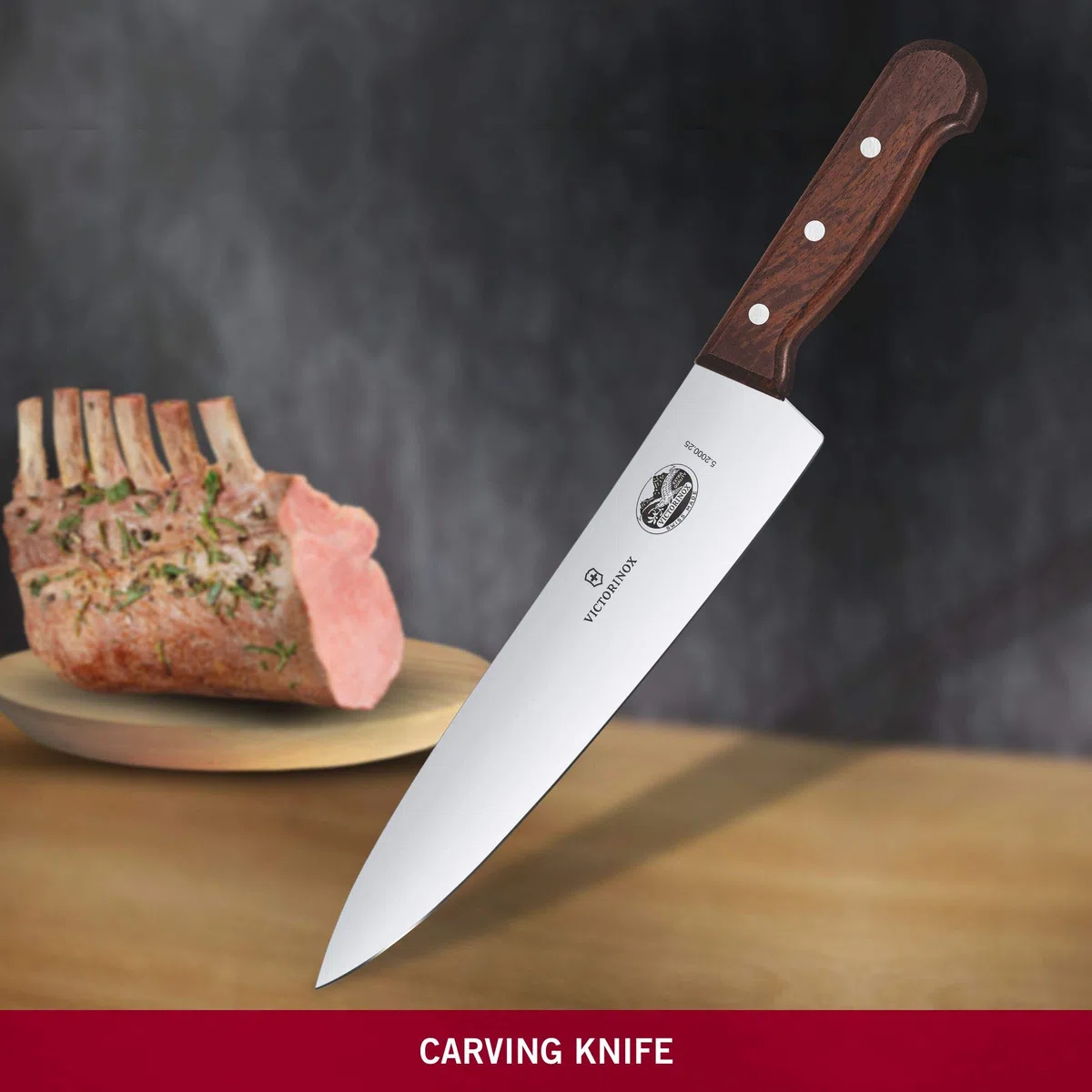 Victorinox Wood, cuchillo de trinchar profesional, hoja extra afilada, afilado recto, 25 cm, elegante mango de madera, acero inoxidable, marrón