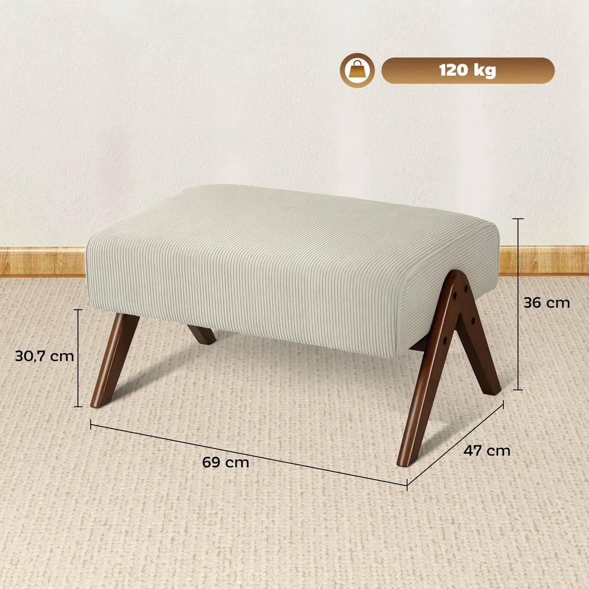 HOMCOM Reposapiés de Salón Taburete Bajo Tapizado en Pana Otomana Rectangular con Asiento Acolchado y Patas de Madera para Sala de Estar Dormitorio Beige