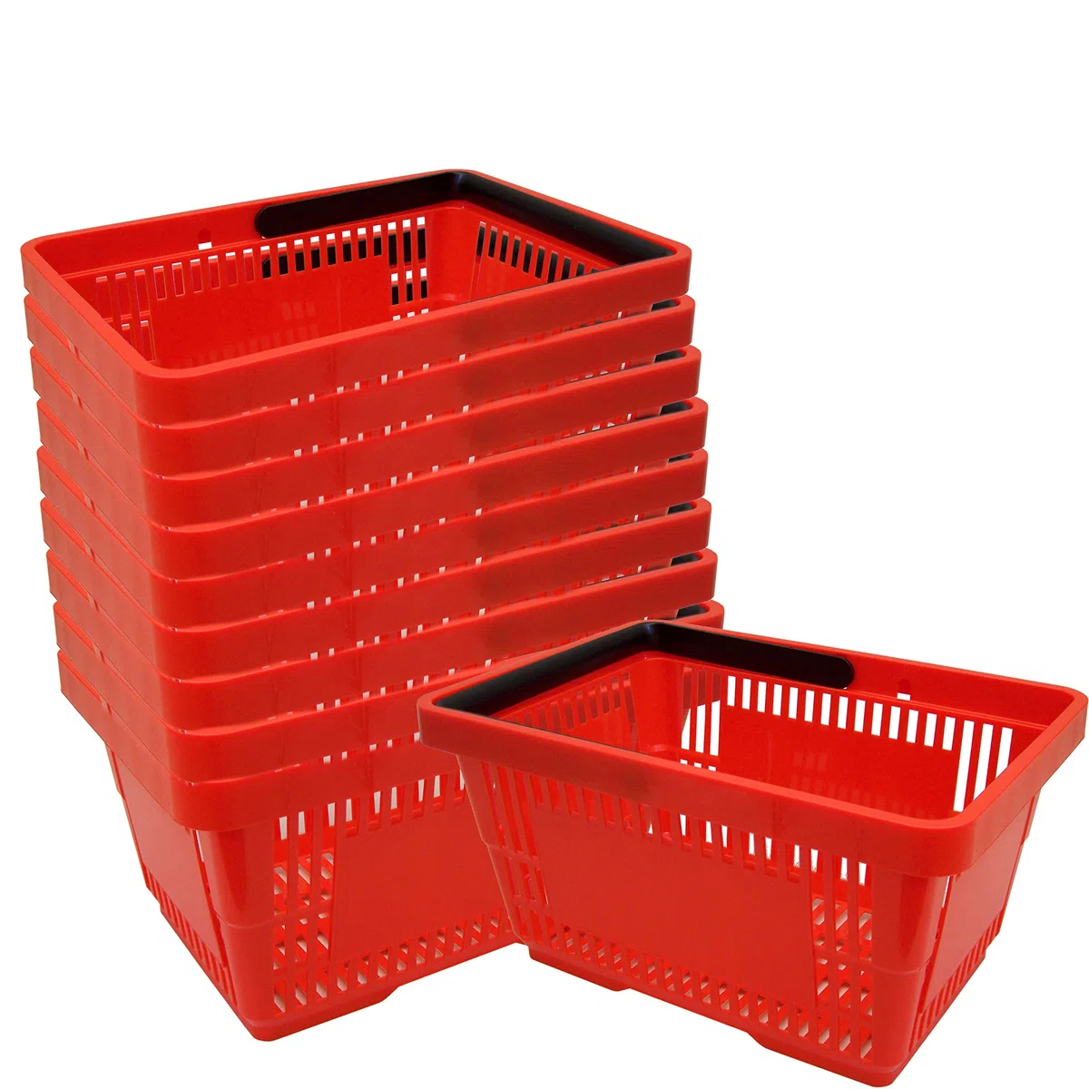 10 cestas de plástico para compras, cesta transportadora, ideal para supermercado, con asa, 21 litros, apilables, de color rojo.