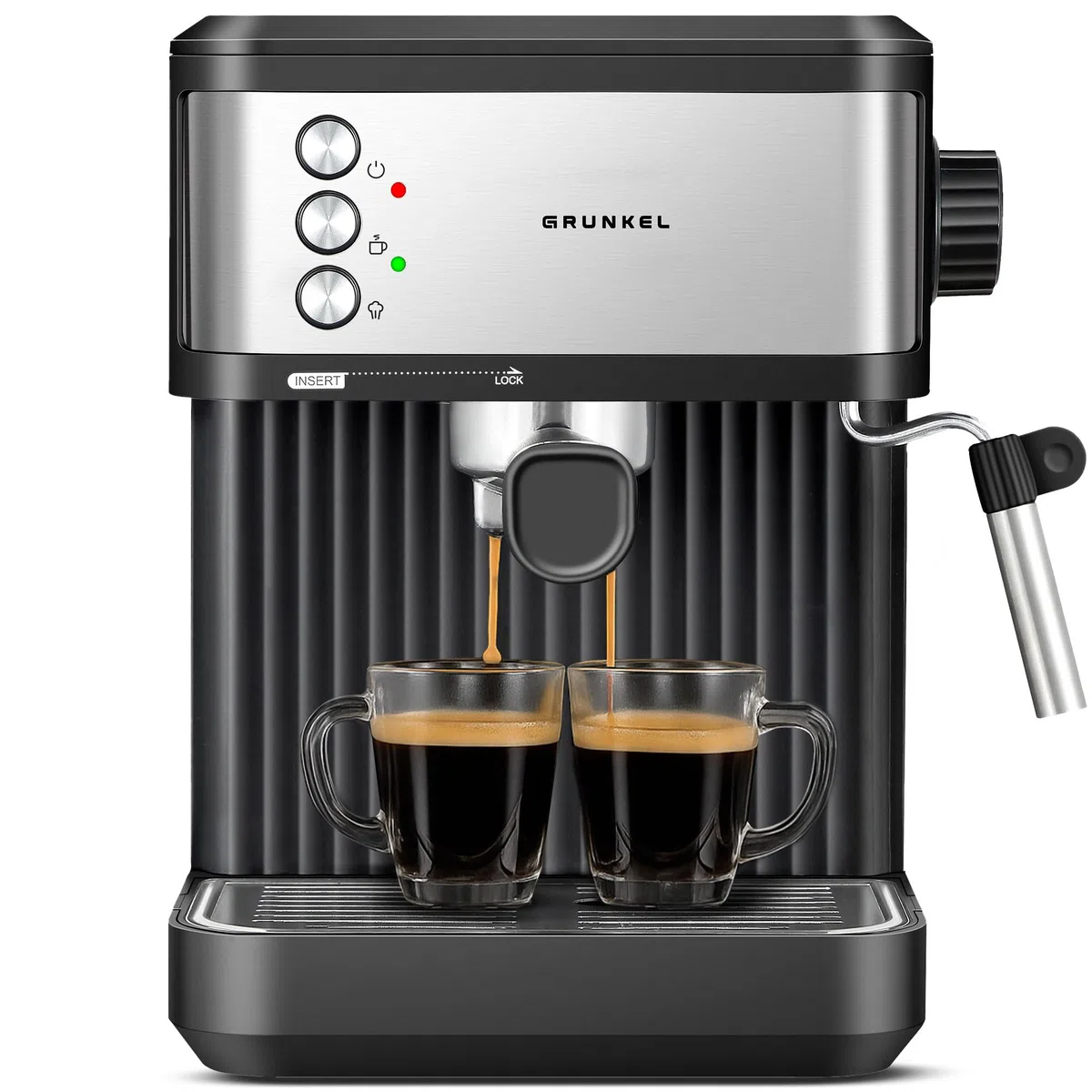 Grunkel Cafetera Espresso de 20 Bares, 850W, Panel Táctil/analogico con vaporizador orientable y brazo doble salida Depósito 1,8L (Analógica)