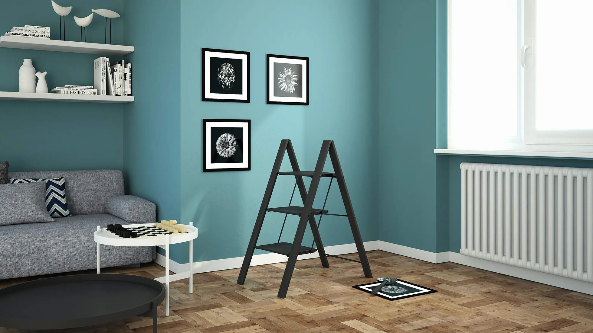 Colombo Escalera doméstica, Aluminio anodizado, Negro, 3 peldaños