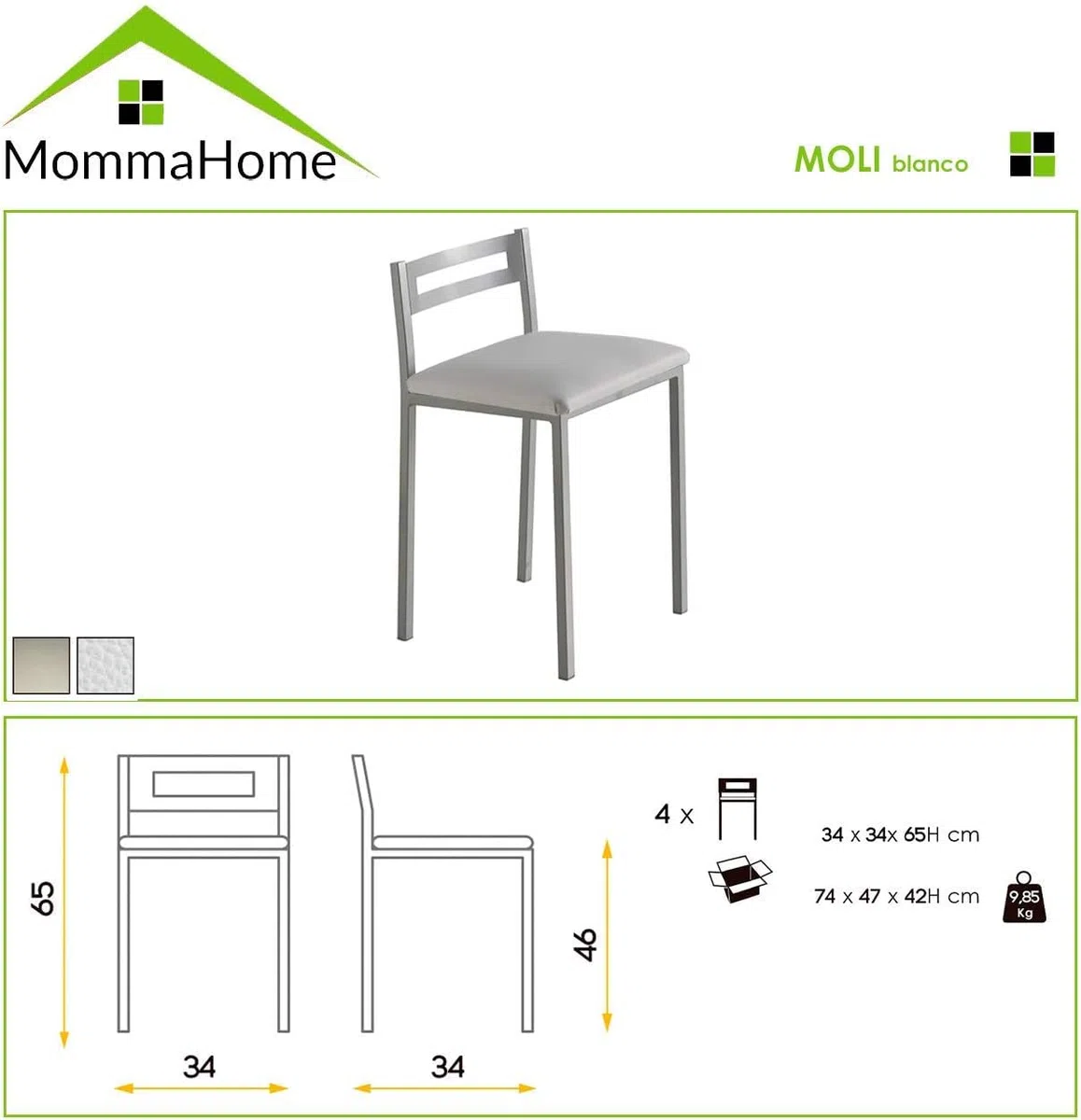MOMMA HOME Taburetes de Cocina - Pack 2 Taburetes de Cocina, Banquetas, Taburete Bar, Material Metal/Ecopiel, MOLI, Medidas 34x34x65cm (Blanco y Plata)