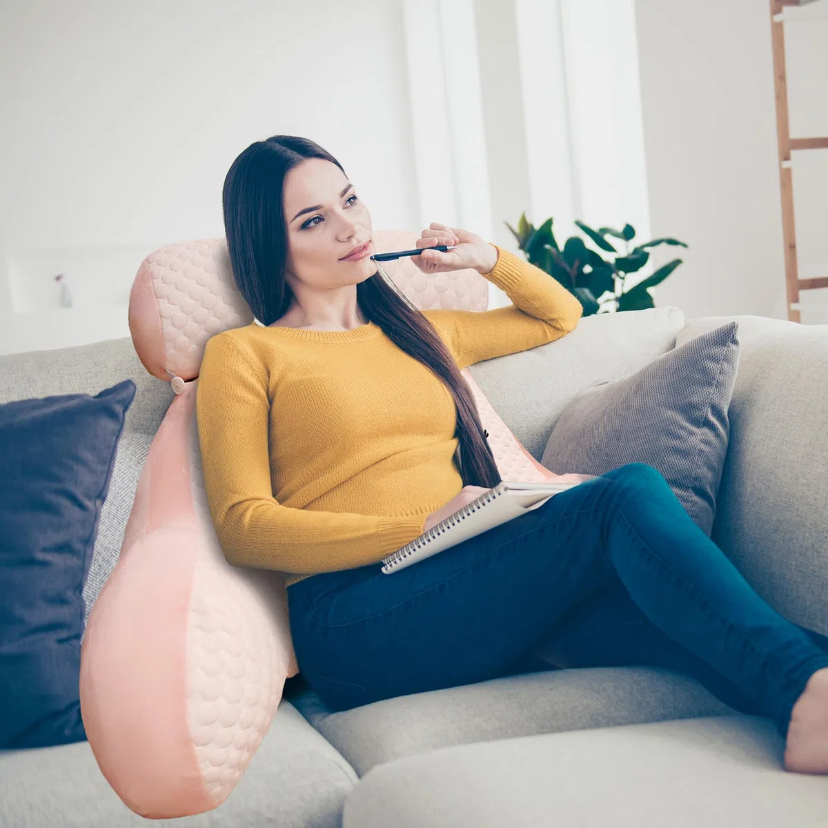 Almohada Lectura Cama, 70x50cm Grande Cojín Lectura Cama con Respaldo Apoyo Lumbar y Cuello Desmontable y Brazos, Cojin Respaldo para Trabajar, Leer o Jugar en la Cama Sofá Suelo (Rosa, X-Large)