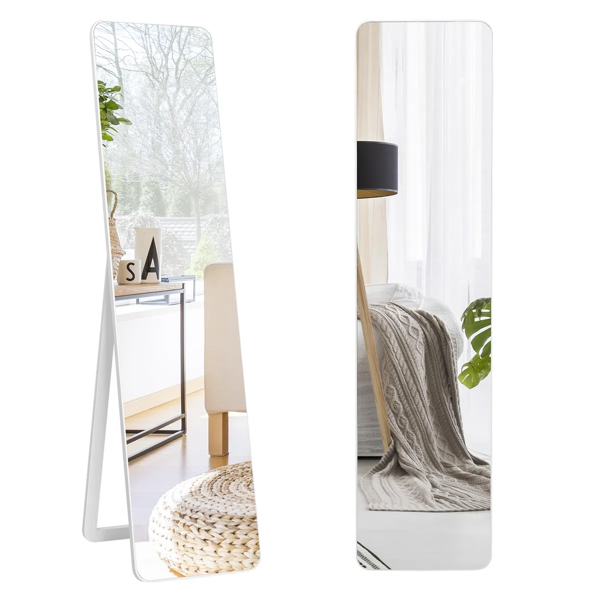 HOMASIS Espejo de Cuerpo Entero de pie, Espejo de Pared Rectangular con Marco de Madera, Espejo vestidor con protección antiastillas, 37x45x155cm, Espejo de Armario para Dormitorio, salón, Blanco