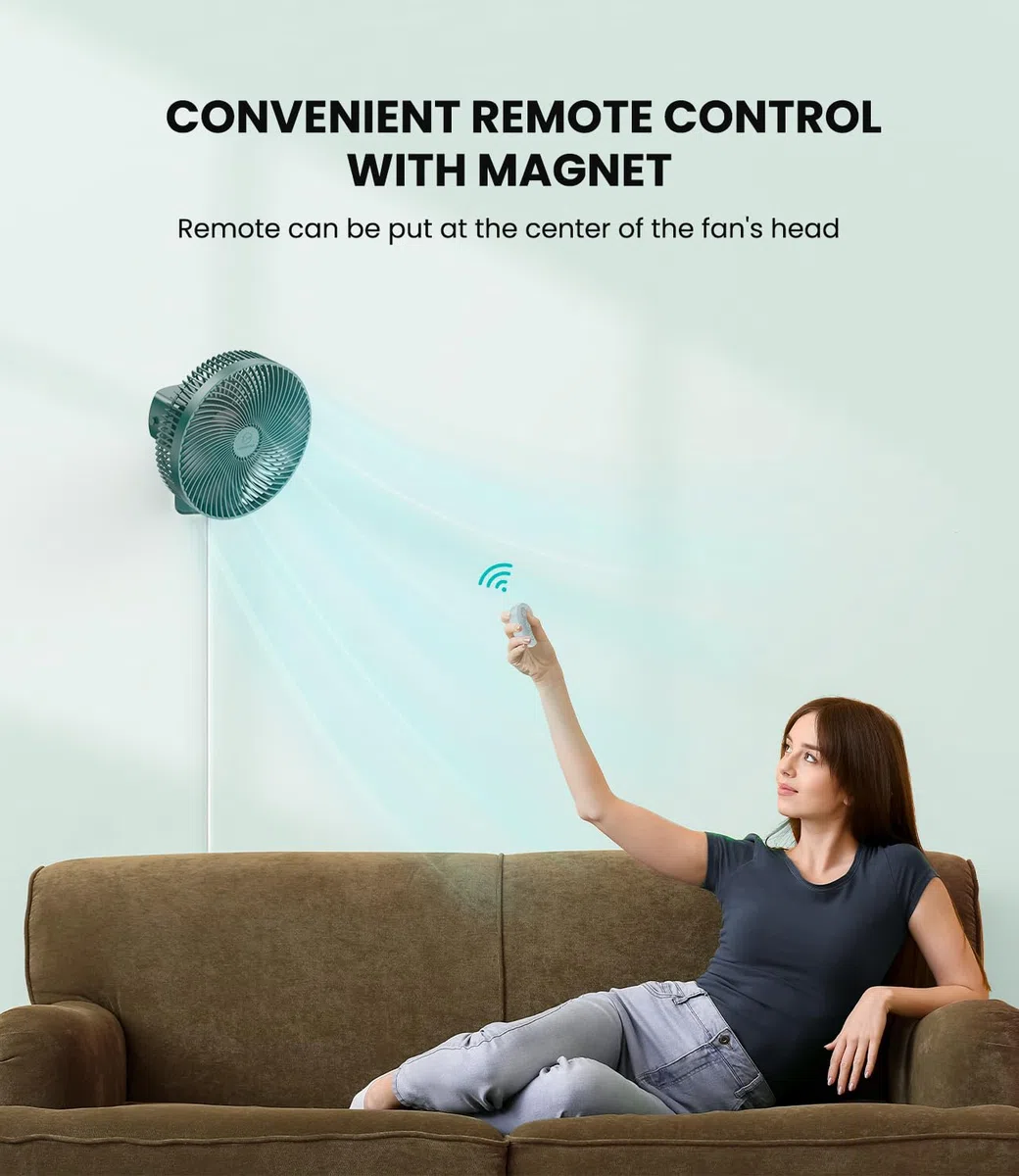 LEMOISTAR Ventilador de pared de 25 cm con mando a distancia, oscilación de 90°, 4 velocidades, 4 temporizadores, inclinación ajustable, cable de 178 cm, silencioso, para dormitorio, garaje