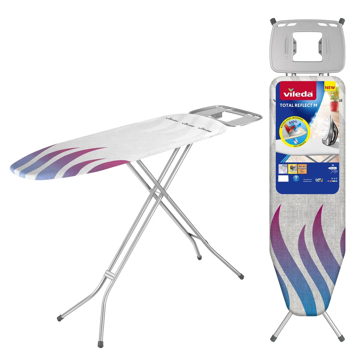 Vileda Total Reflect M - Tabla de Planchar con Soporte Antideslizante para Plancha | Incluye Funda con Acolchado de Esponja | Fácil de Transportar y Almacenar | 120x38 cm | Color Lila y Gris