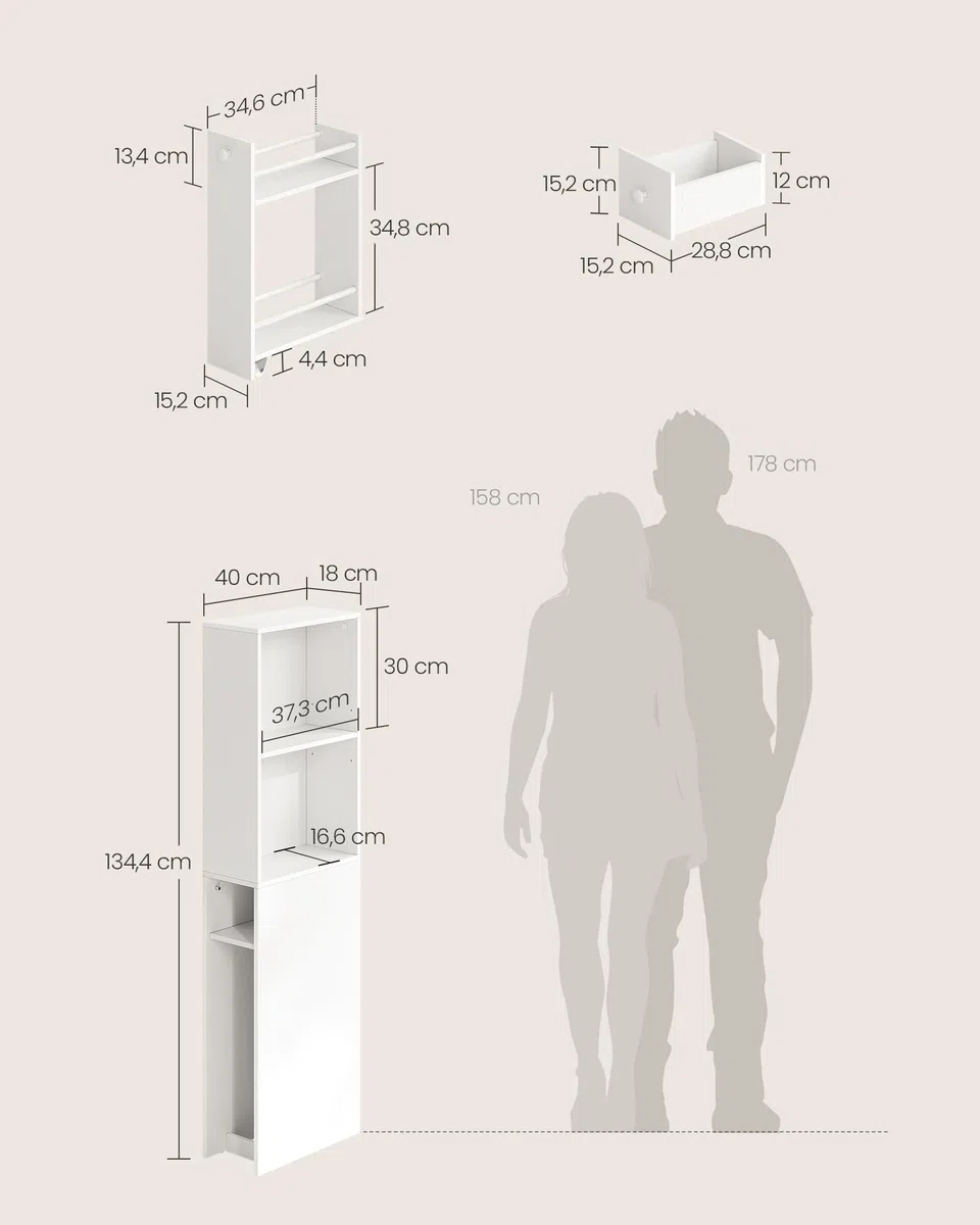 VASAGLE Armario de Baño Alto, Armario de Almacenamiento Delgado, con Cajones y Estante Ajustable, Armario para Espacios Pequeños, Estilo Moderno, Blanco Clásico BBK567T14