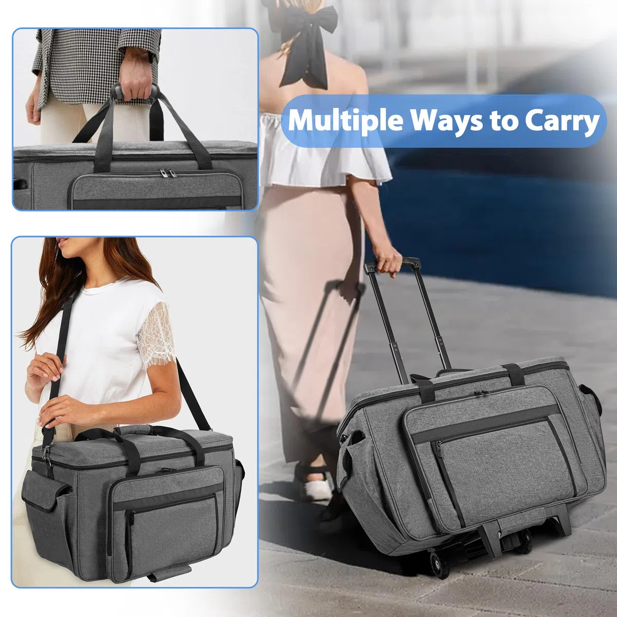 CURMIO Maleta de Transporte con Ruedas para Máquina de Bordar, Bolsa para Maquina de Coser con Tabla de Soporte Inferior y Bolsillos para Accesorios de Costura, Gris
