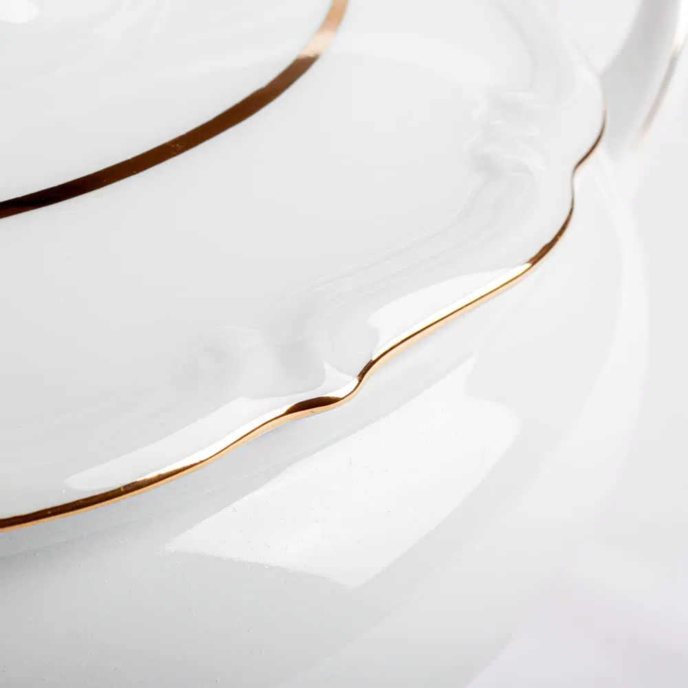 Sopera de porcelana blanca (3 l) Rhein, 1 tapa de porcelana, filo de oro