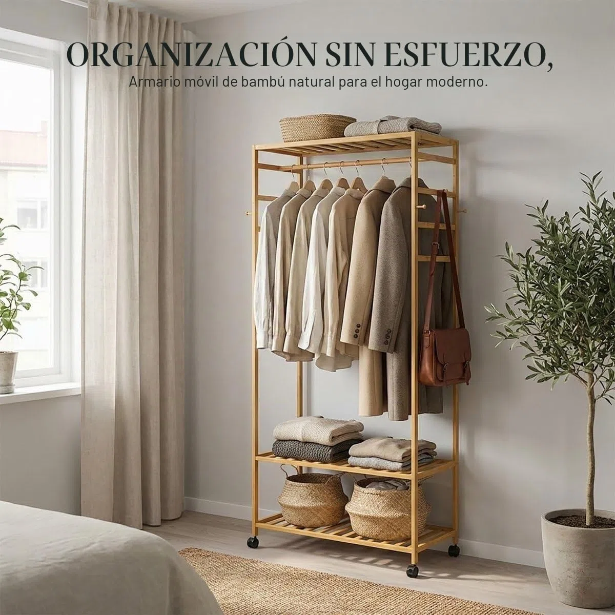 unho Armario Abierto con Ruedas, Perchero Burro de Madera Bambú Perchero de Pie con 2 Estantes y 4 Ganchos para Ropa Zapatos Bolsas para Dormitorio Entrada Salon 78 x 41 x 169 cm