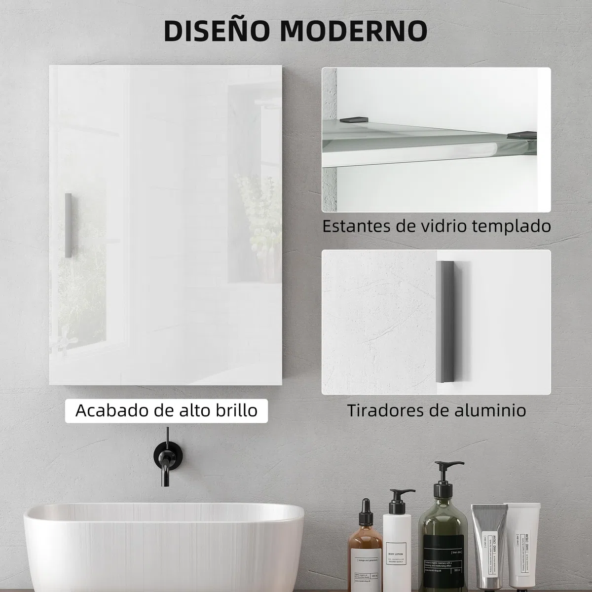 HOMCOM Armario de Baño Pared, Mueble de Baño Colgar con Estantes Ajustables de Vidrio Templado, Ahorro de Espacio, Armario Multiusos para Colgar para Entrada, 40x15x55 cm, Blanco Brillo
