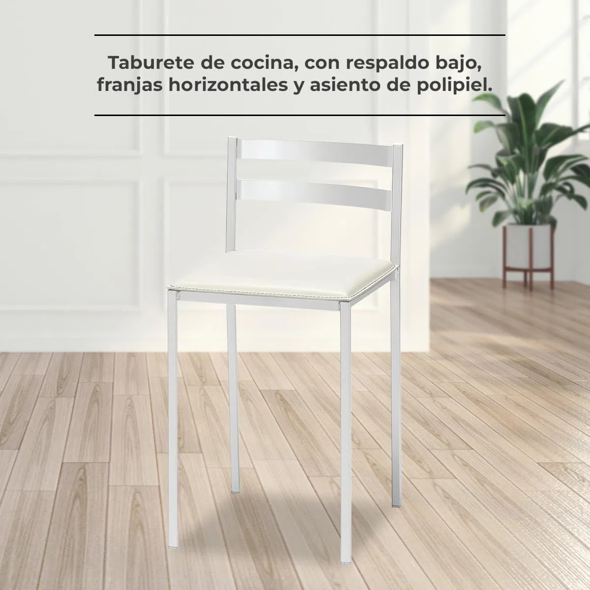 2 Taburetes de Cocina con Respaldo bajo, Franjas horizontales y Asiento tapizado - Estructura Color Blanco - Asiento en Polipiel Blanco