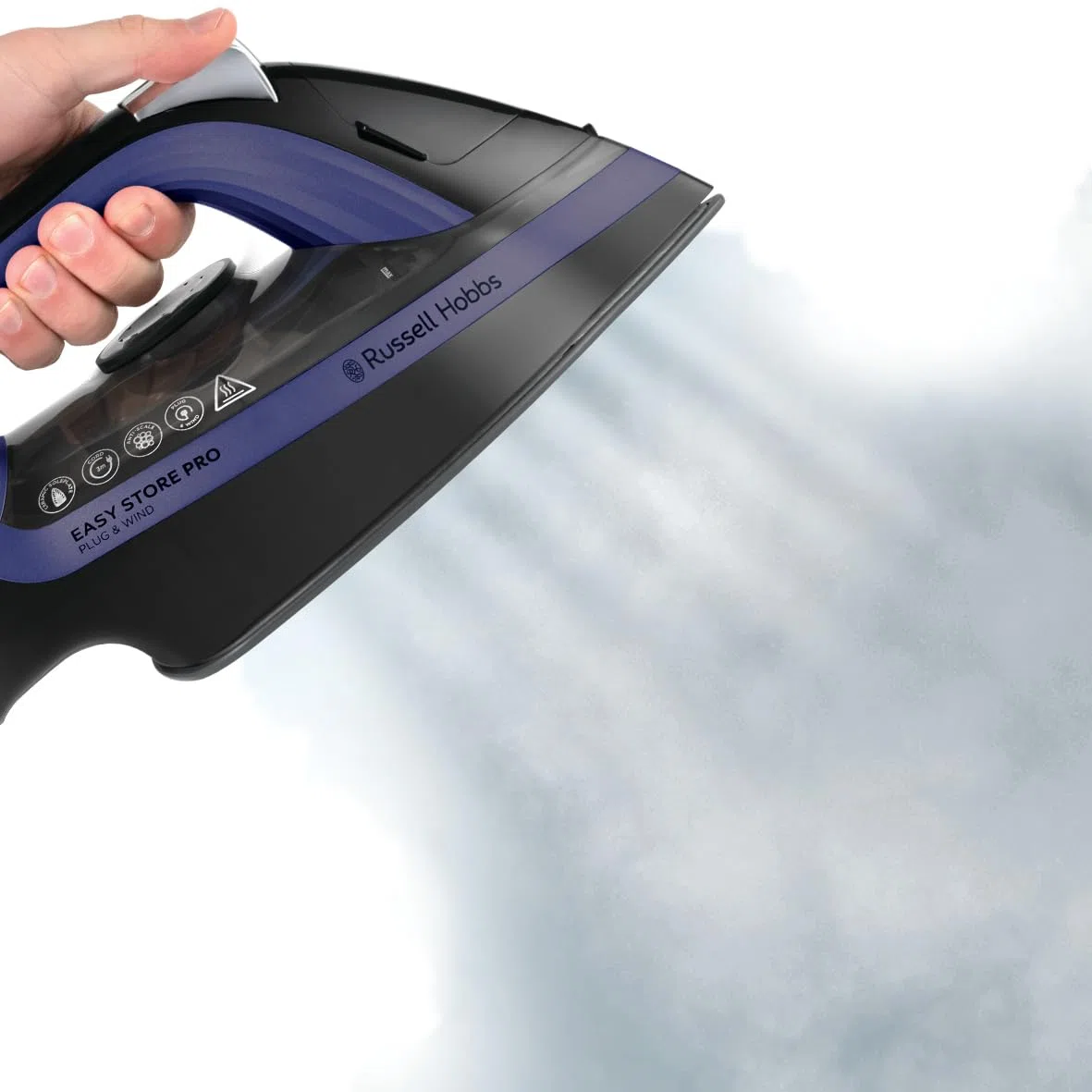 Russell Hobbs Plancha de Ropa Easy Store PRO, Cable Enrollable y Clavija se Encaja en Base para Guardar, 2400 W, Suela Cerámica, Golpe Vapor 200 g, Ajuste Automático Temperatura según Tejido,26731-56