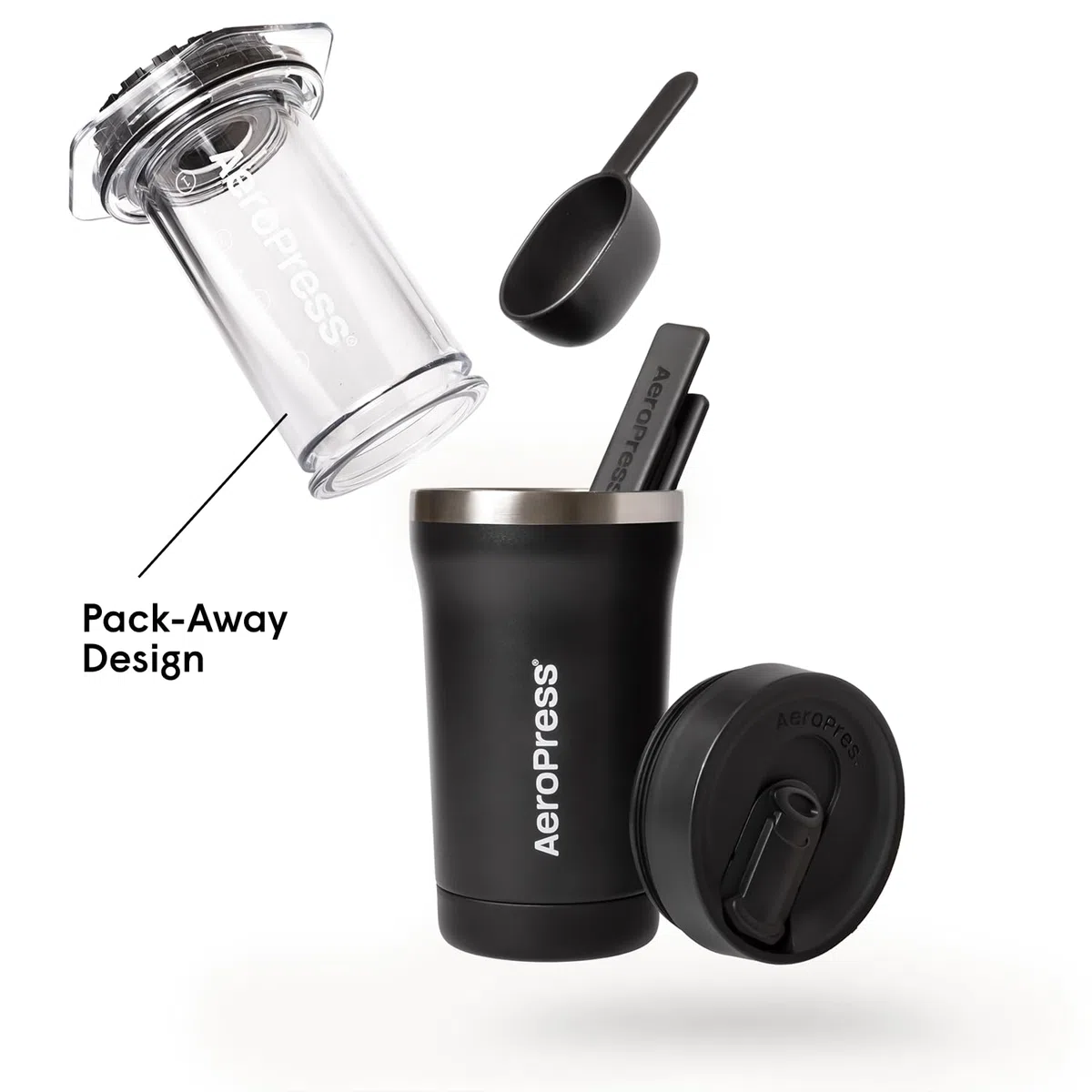 AeroPress Go Plus cafetera portátil pequeña, ideal para viajes, camping y oficina, prensa francesa todo en uno, cafetera manual estilo espresso y pour-over, preparación en 2 min, Negro