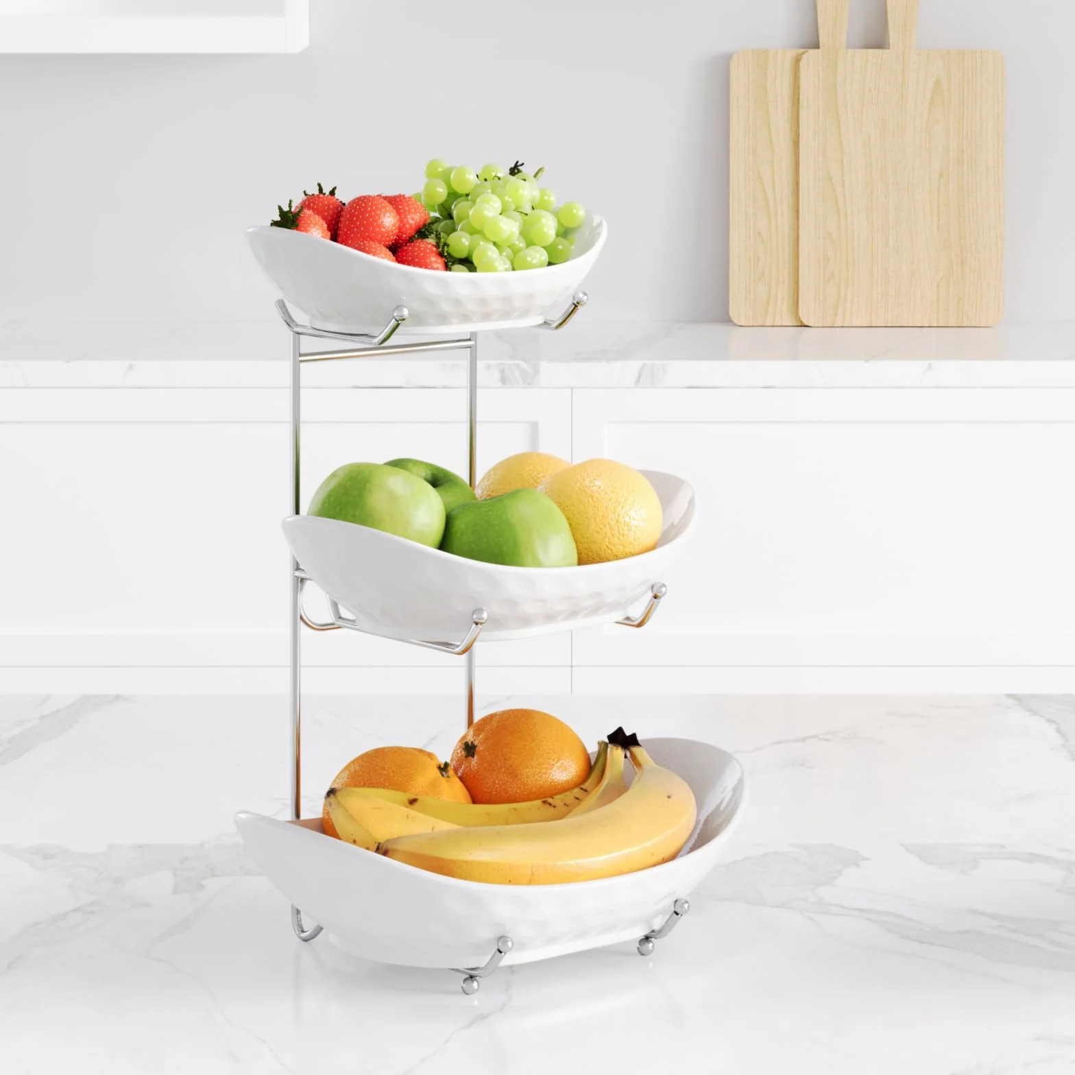 Cuenco de frutas, cesta de cerámica de 3 niveles, soporte para servir de 3 niveles con estante de metal, cuencos de cocina de porcelana para frutas, verduras, aperitivos, nueces, postres,