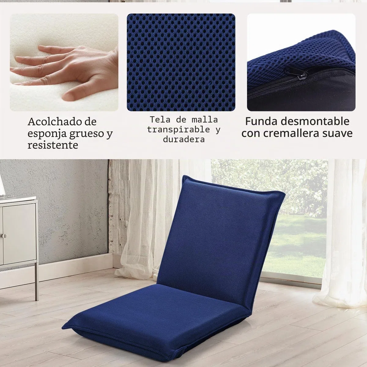 LIFEZEAL Silla de Suelo Plegable, sillón Lectura con Respaldo Ajustable de 6 Posiciones, Silla de Piso con Superficie de Malla, para Leer, meditación, Yoga (Azul)