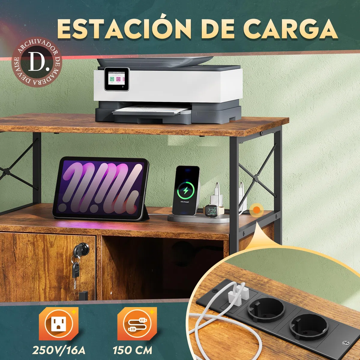 DEVAISE Archivador Móvil con Estación de Carga, Soporte para Impresora y Cajones Bloqueables para Oficina, Almacenamiento Profesional para Carpetas A4, Marrón Rústico