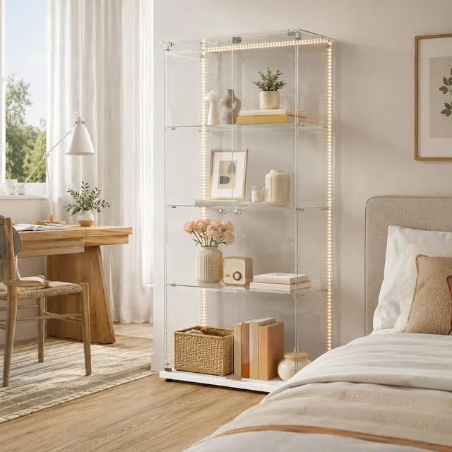 Vitrina de Cristal con LED y Cerradura, Armario Vitrina 78,5 x 35 x 163 cm, Vitrinas de Exposición de 4 Niveles con Estantes Regulables, Mueble Vitrina para Salón, Oficina, Figuras y Libros,Blanco-D