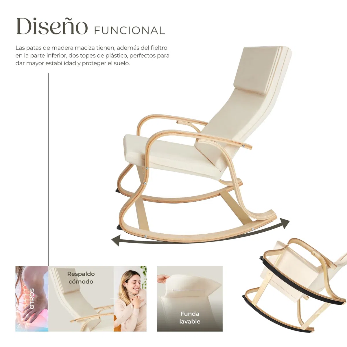 tectake 801034 - Mecedora Roca de Madera de Abedul 150kg, Silla Mecedora, Oscilante, Sillón Ergonómico para Balanceo (Beige)